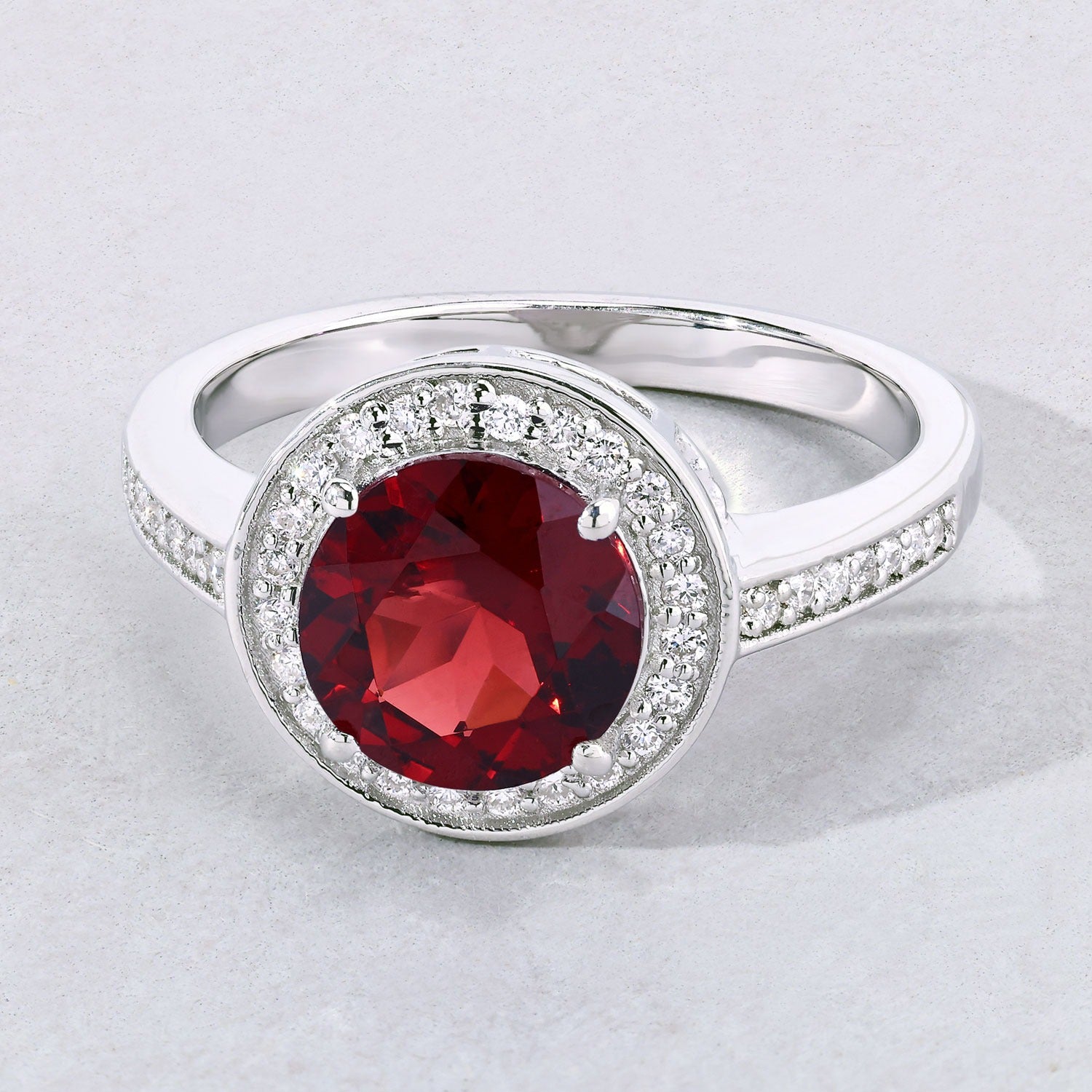 2.46 Ct Genuine Mozambique Garnet and Lab Diamond Silver Halo Ring