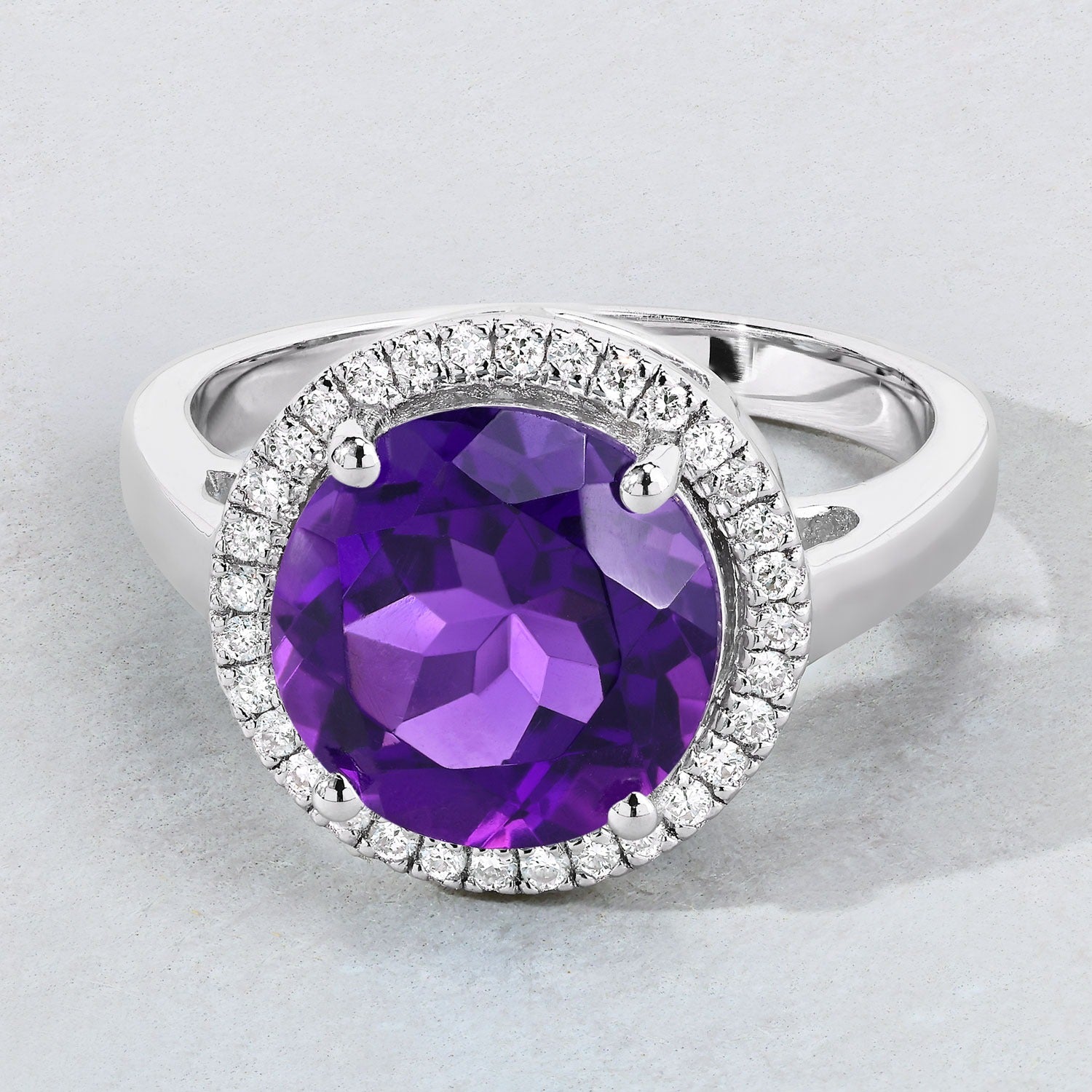 3.49 Carat Genuine Round Amethyst and Lab Grown Diamond Silver Halo Ring