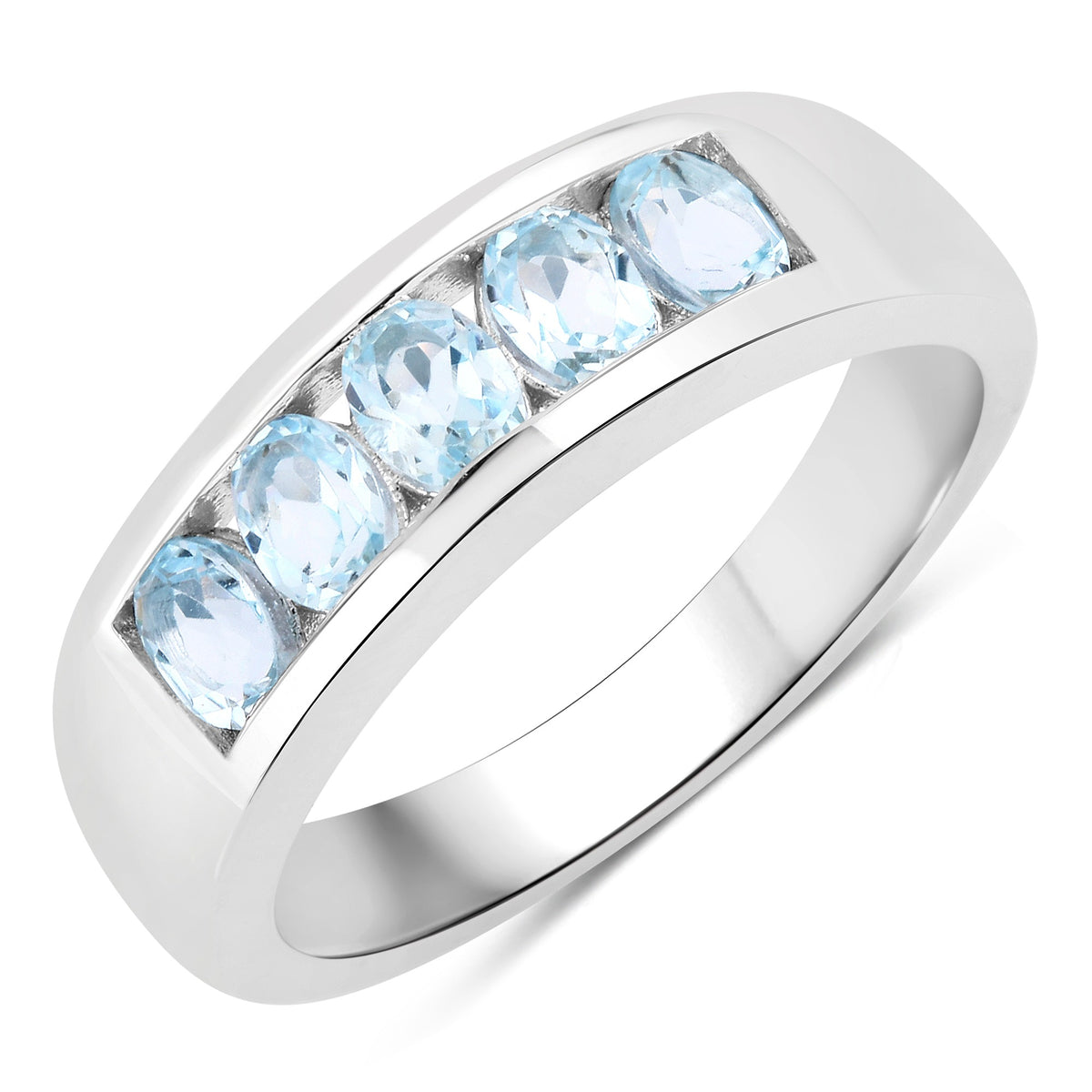 0.95 Cttw Oval Light Blue Topaz Channel Rhodium over Silver Five Stone Ring