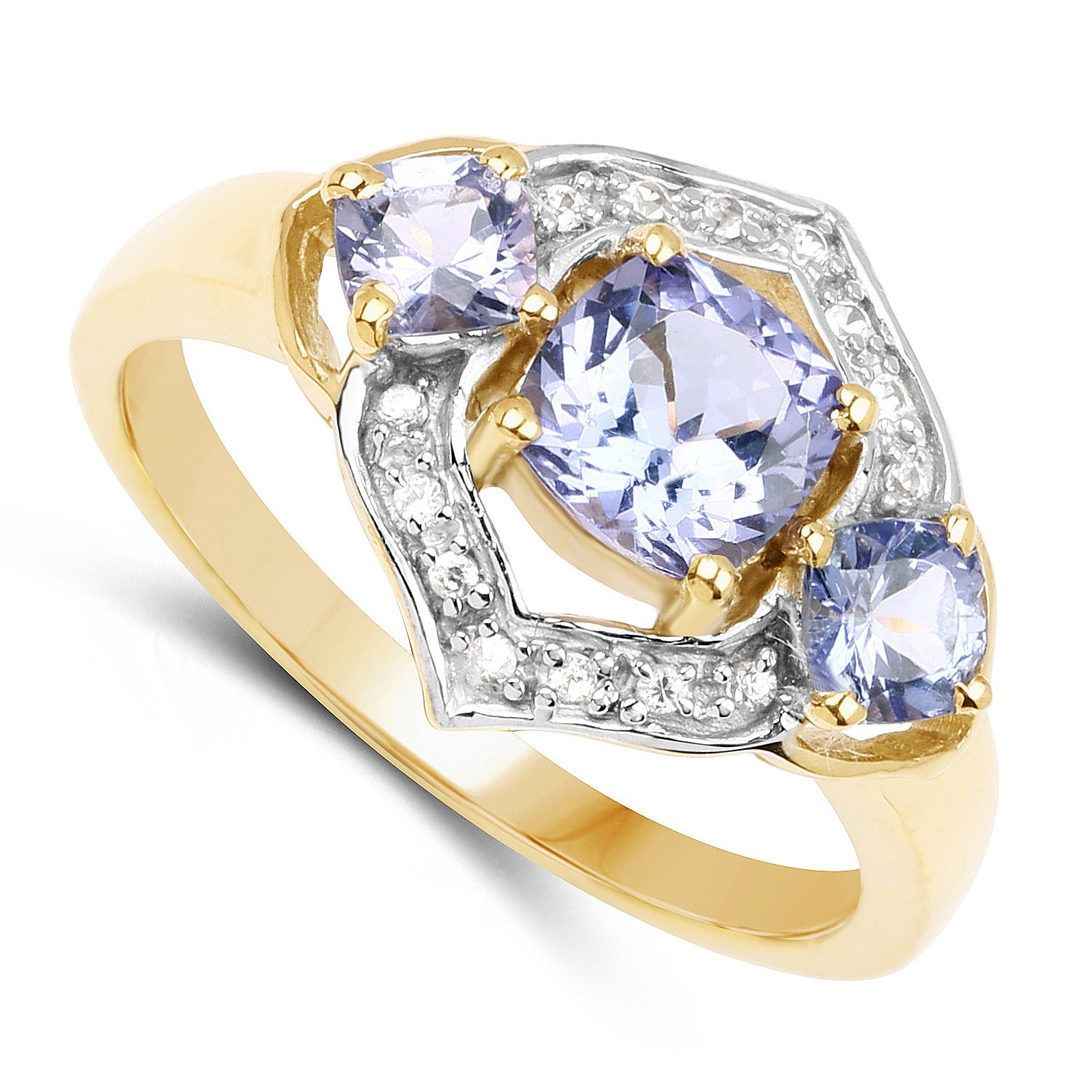 1.58 Ct Cushion Violet Tanzanite and White Topaz Prong Yellow Gold Plated Silver Three Stone Floral Ring