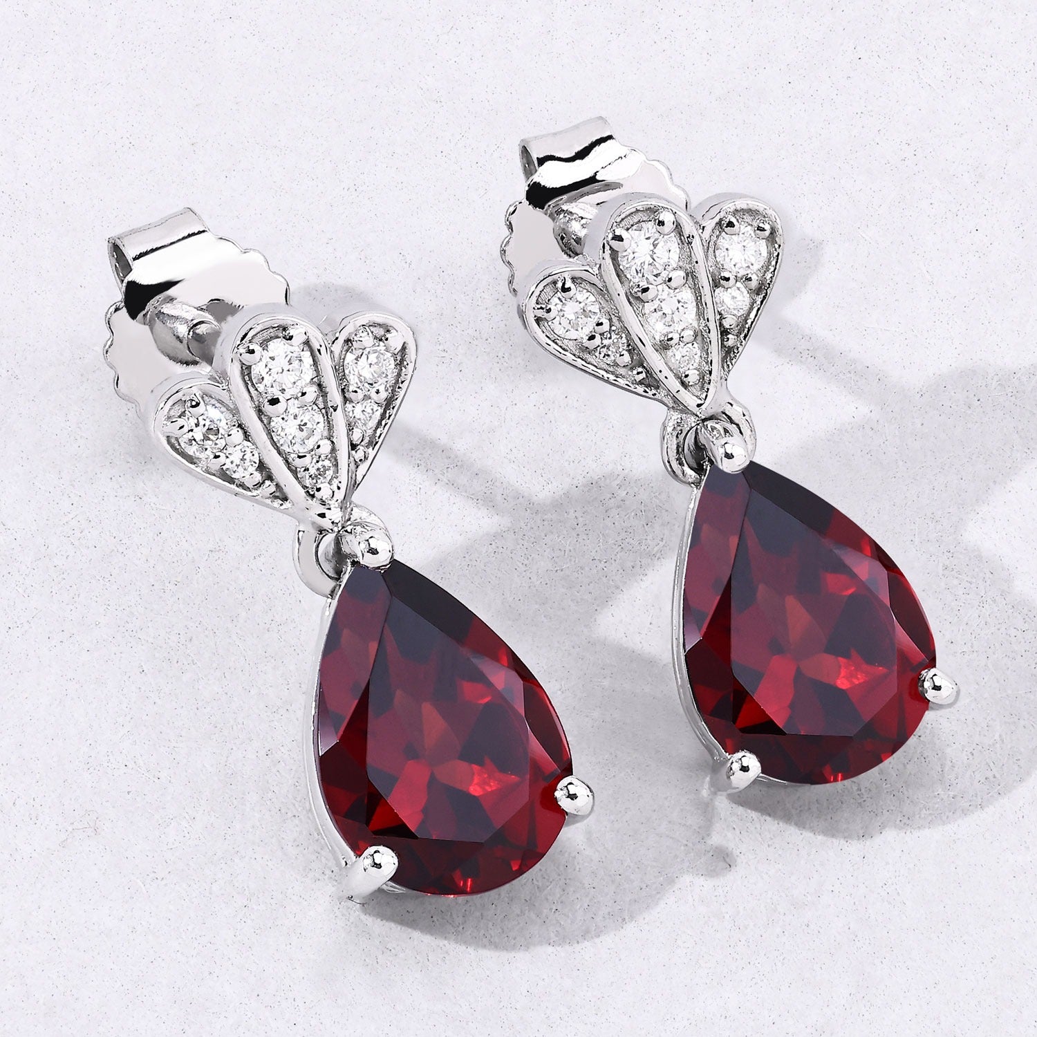 Genuine Mozambique Garnet and Lab Diamond Silver Earrings Fine Color Jewels