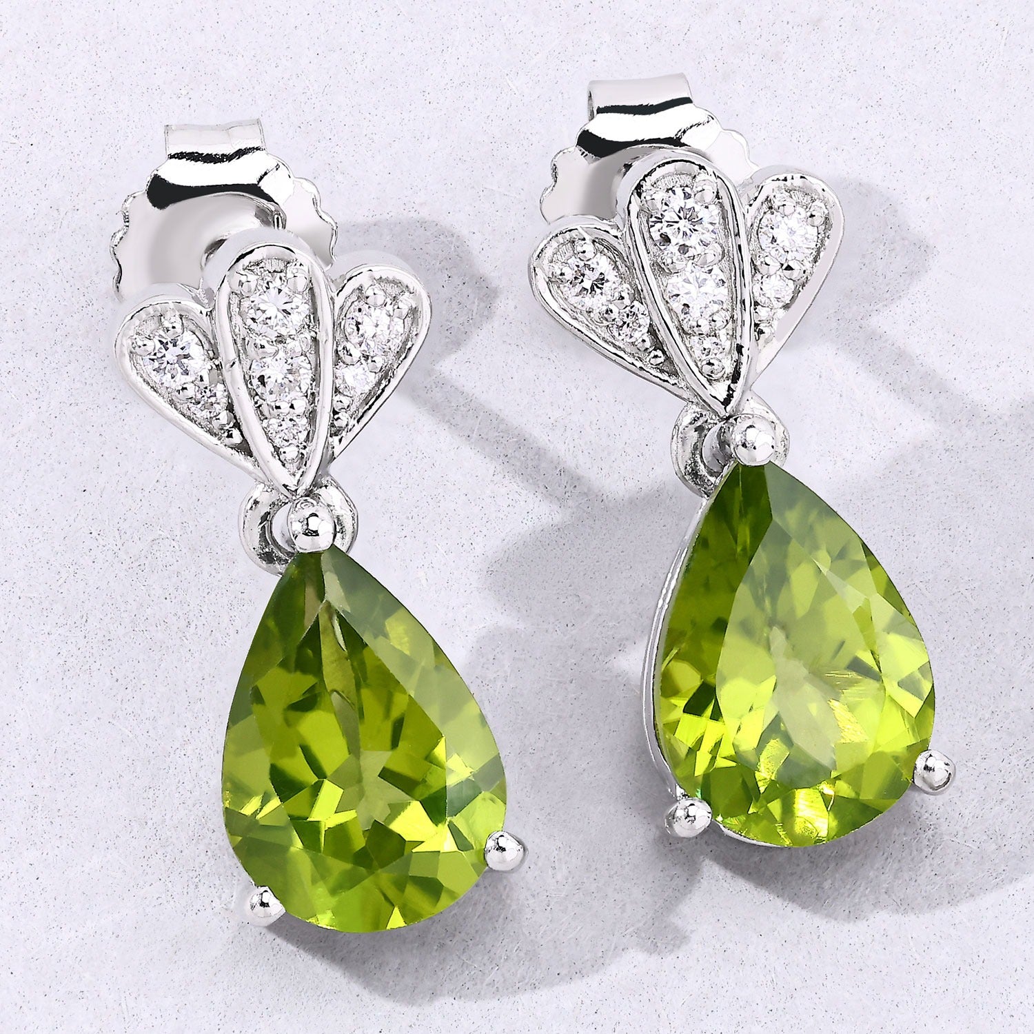 Genuine Peridot and Lab Grown Diamond Silver Earrings