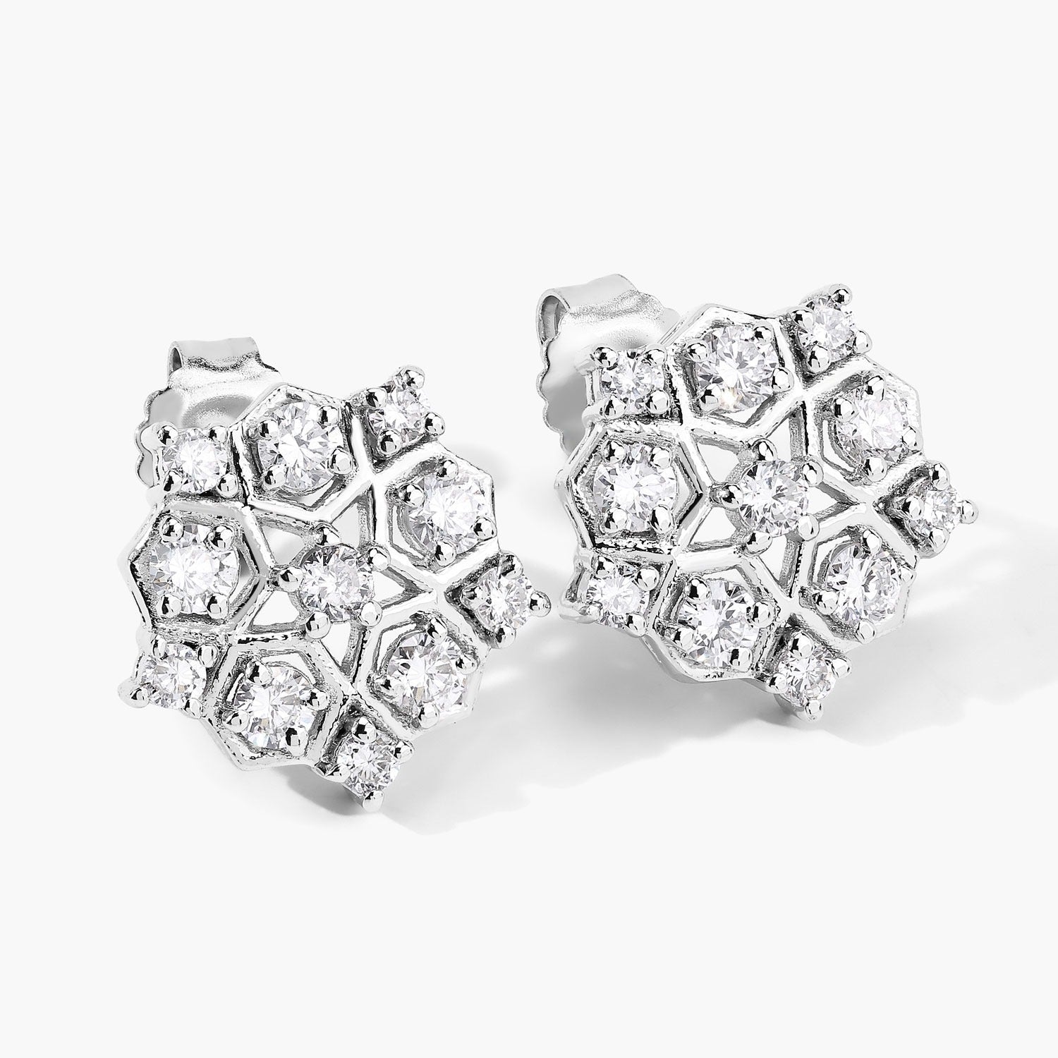 1.00 Cttw Round White Lab Diamond Prong Rhodium Plated Silver Hexagon Cluster Stud Earrings