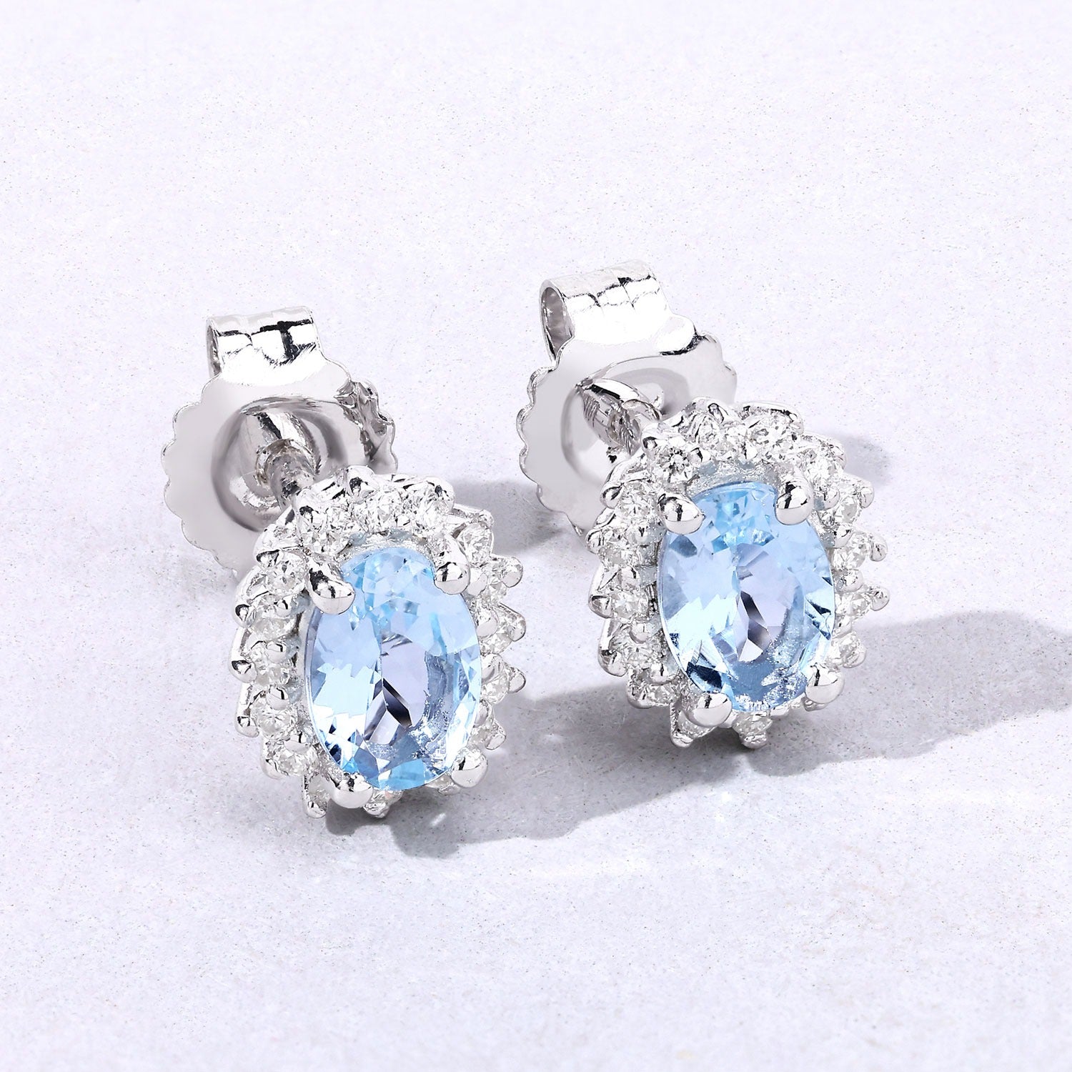 Genuine Aquamarine Lab Diamond Silver Halo Earrings