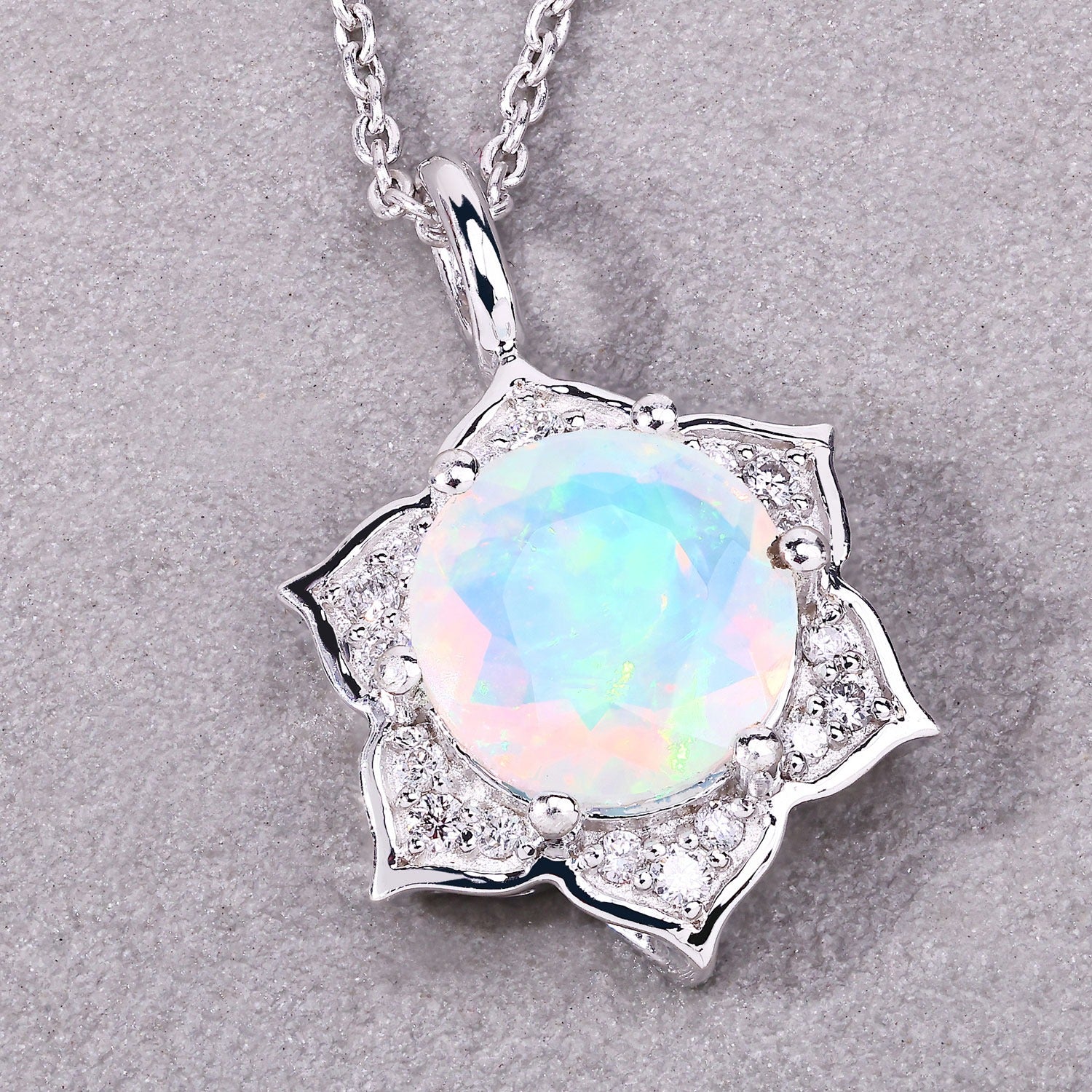 1.03 Ct Genuine Ethiopian Opal and Lab Diamond  Silver Star Necklace