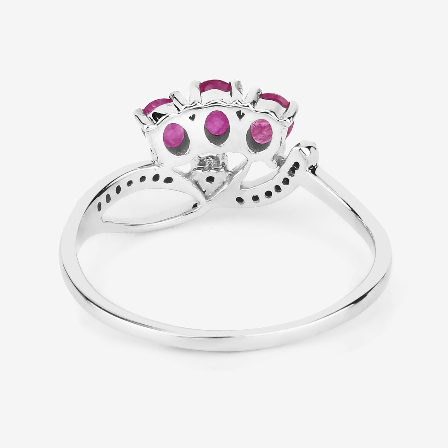 0.72 Ct Oval Shaped Pink Ruby and White Diamond Prong 14K White Gold Pave Three Stone Knot Ring
