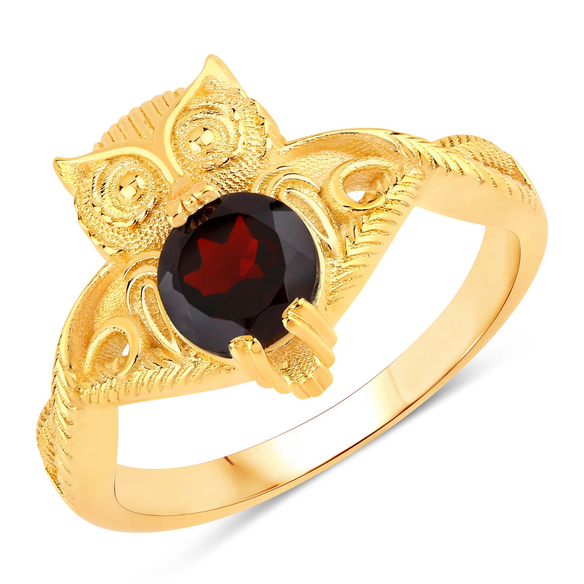 1.00 Cttw Round Red Garnet 18K Yellow Gold over Silver Owl Ring