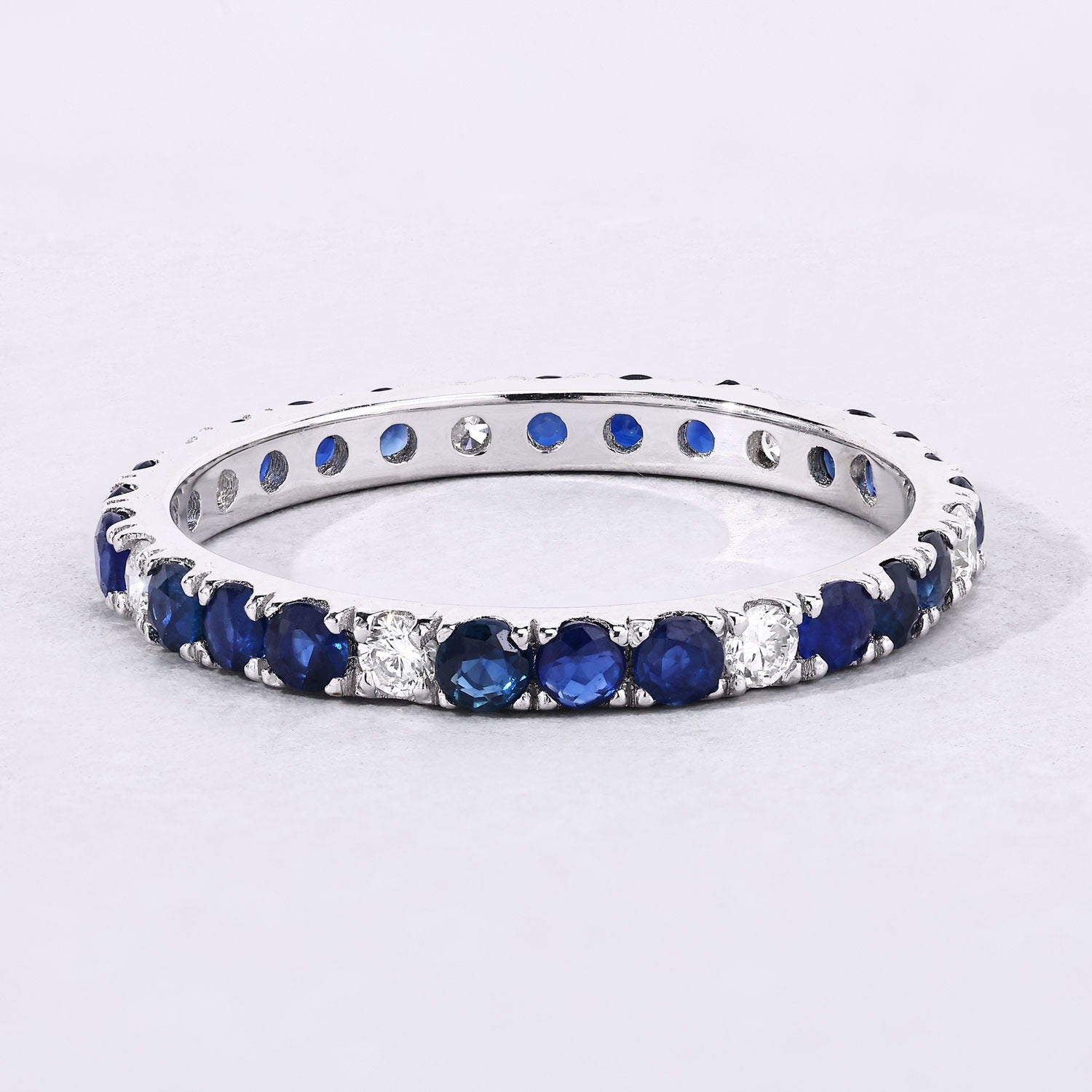 1.26 Ct Genuine Blue Sapphire and Lab Diamond Silver Eternity Ring Fine Color Jewels