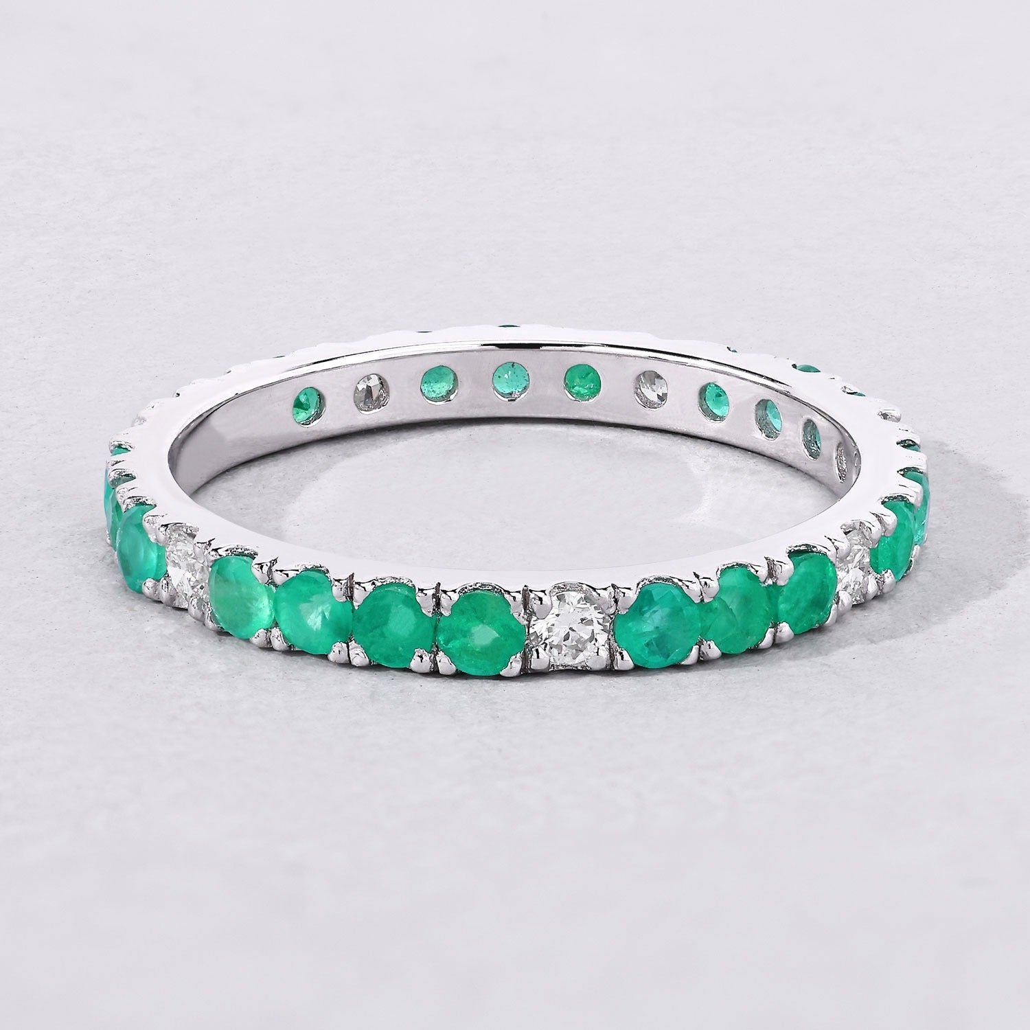 0.99 Ct Genuine Zambian Emerald and Lab Diamond Silver Eternity Ring Fine Color Jewels