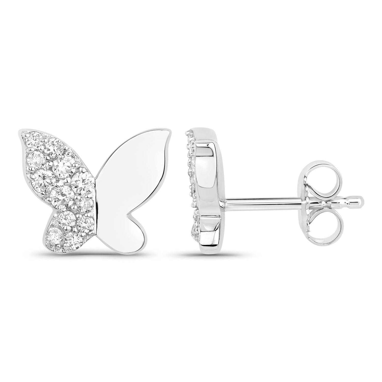 0.34 Cttw Round White Lab Diamond Pavé Rhodium Plated Silver Half Pavé Butterfly Stud Earrings