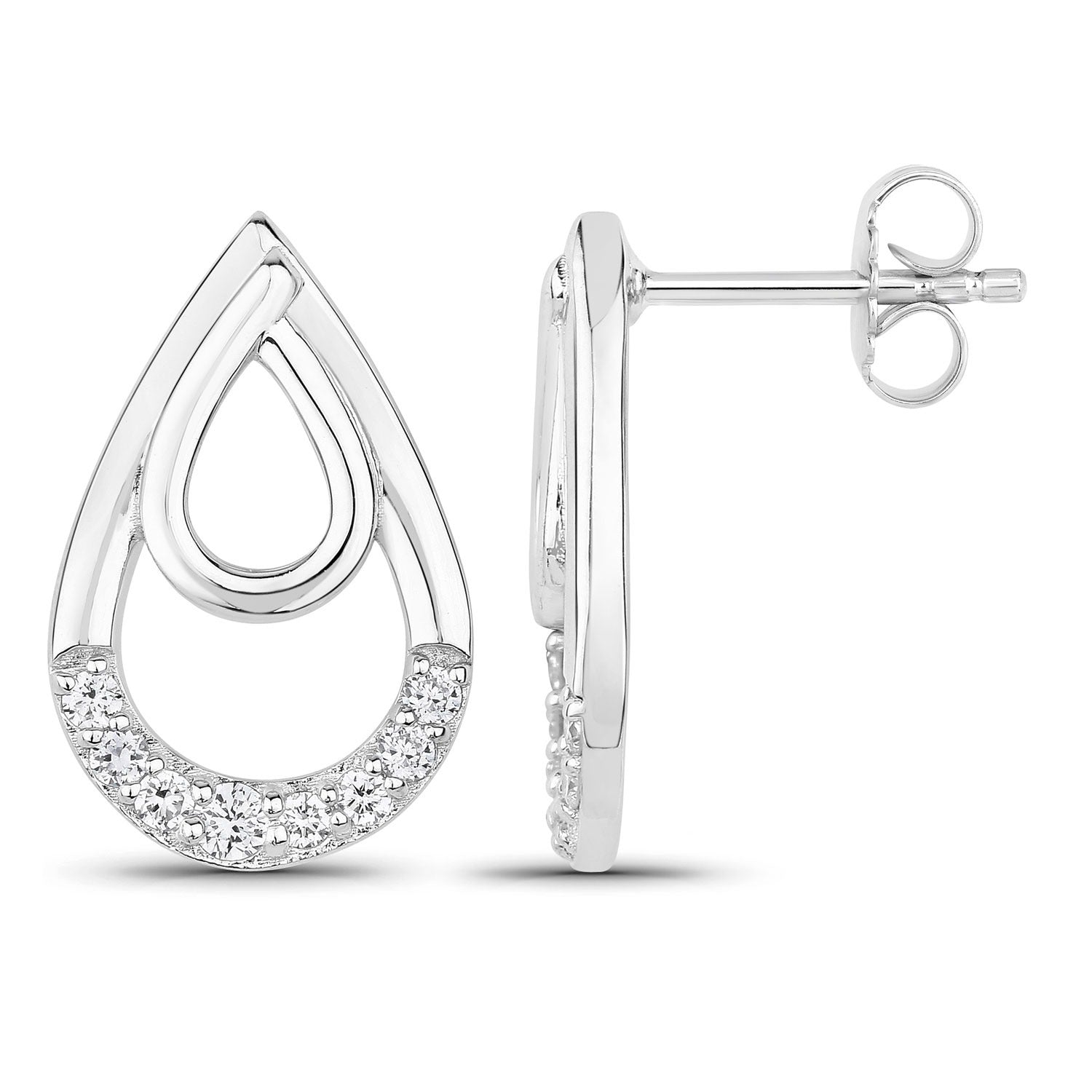 0.33 Cttw Round White Lab Diamond Pavé Rhodium Plated Silver Double Teardrop Stud Earrings