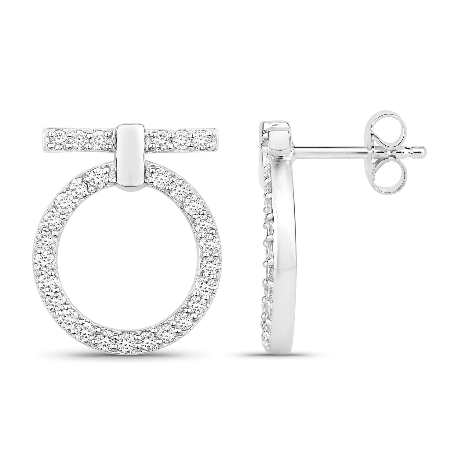 1.01 Cttw Round White Lab Diamond Pavé Rhodium Plated Silver T-Bar Open Circle Drop Earrings