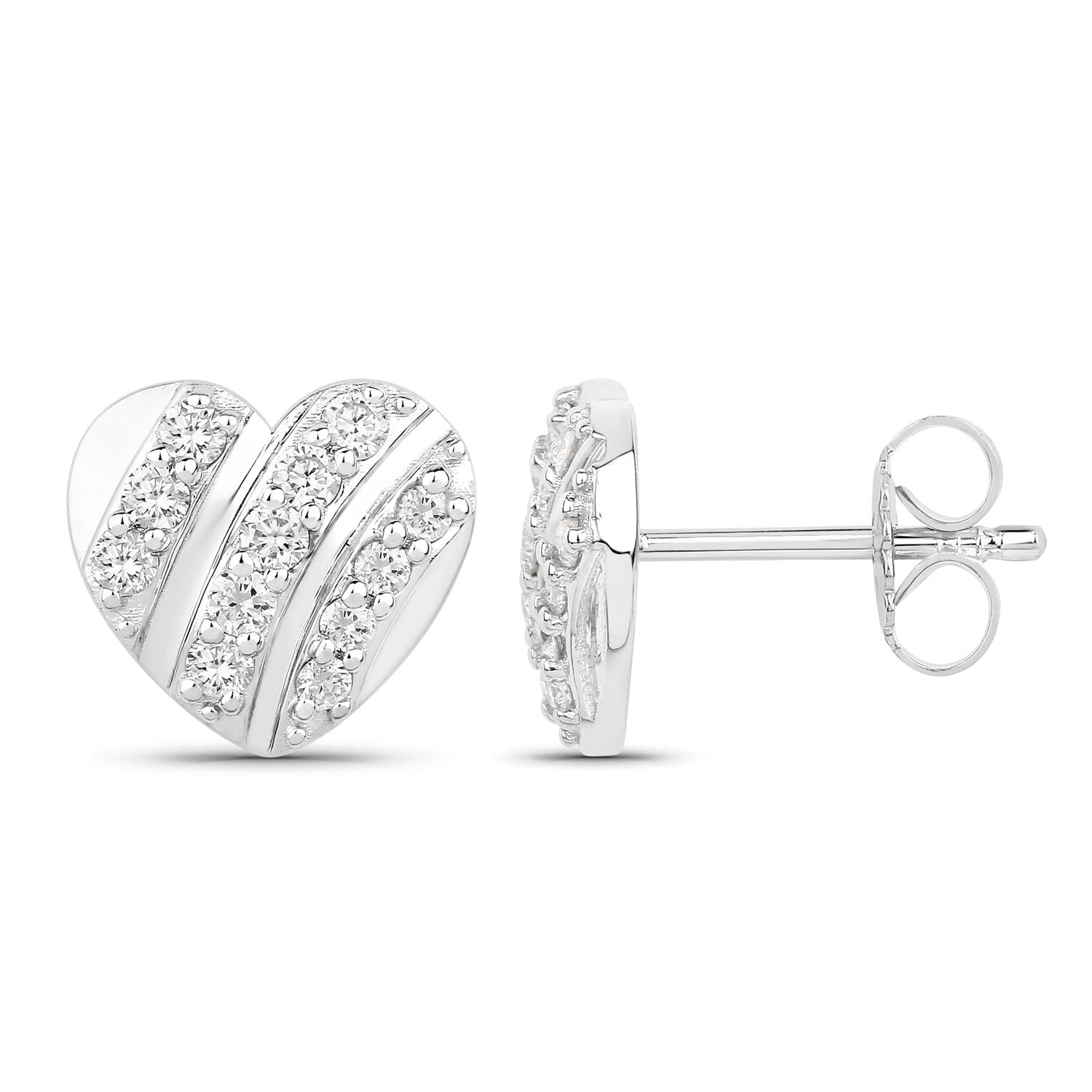 0.50 Cttw Round White Lab Diamond Pavé Rhodium Plated Silver Striped Heart Stud Earrings