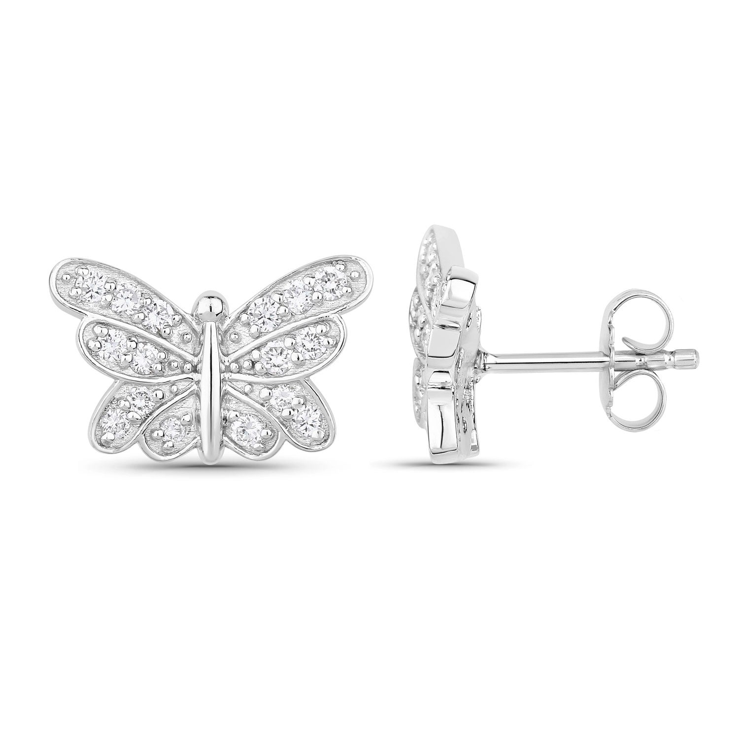 0.52 Cttw Round White Lab Diamond Pavé Rhodium Plated Silver Butterfly Stud Earrings