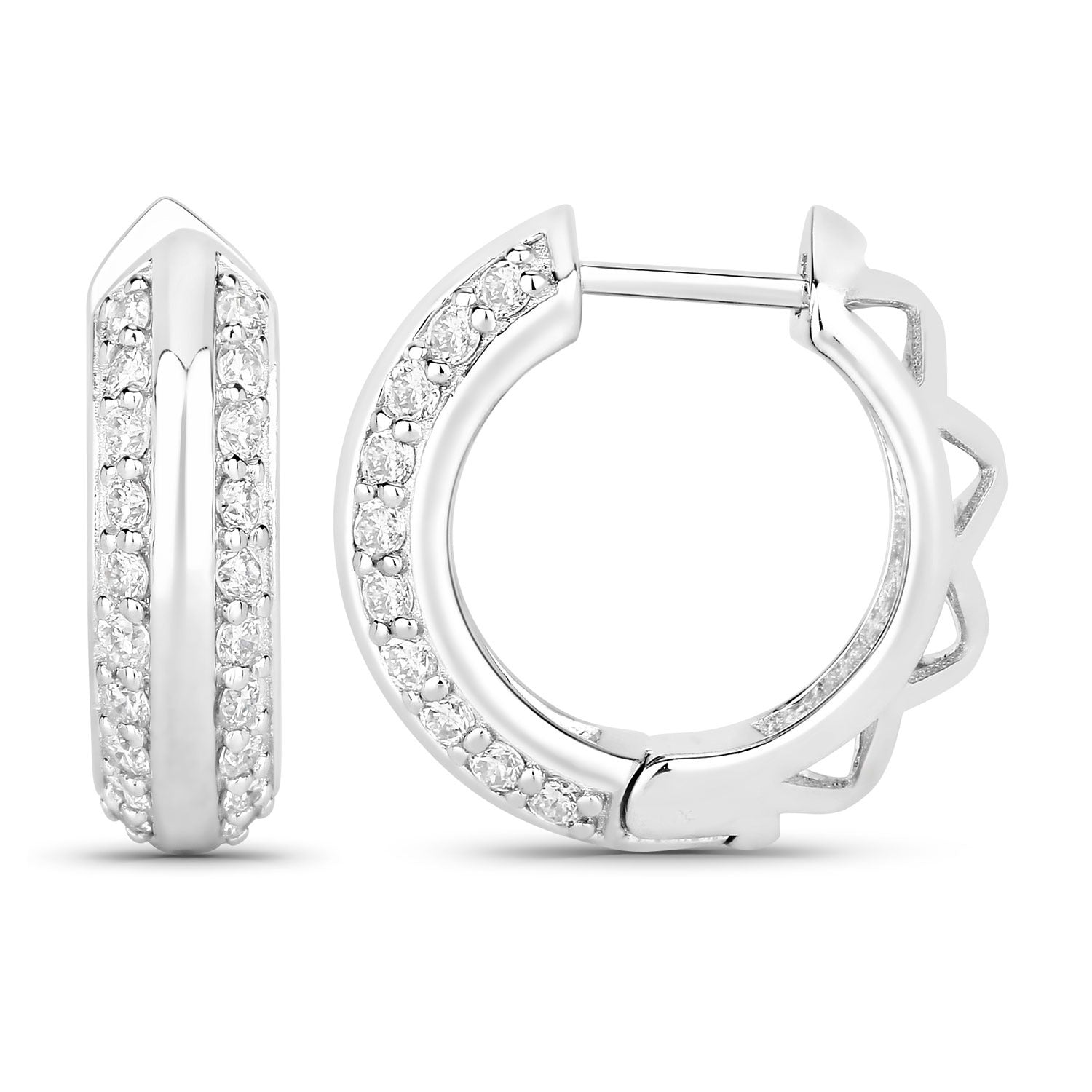 1.00 Cttw Round White Lab Diamond Pavé Rhodium Plated Silver Double Row Huggie Hoop Earrings