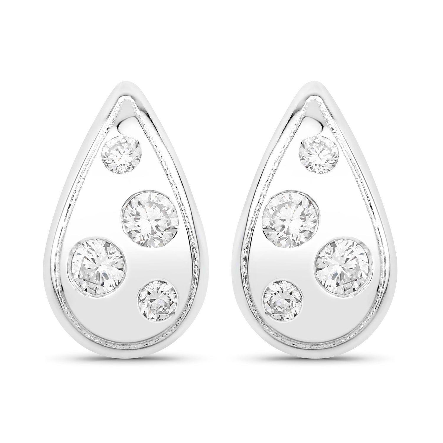 0.50 Cttw Round White Lab Diamond Bezel Rhodium Plated Silver Teardrop Stud Earrings