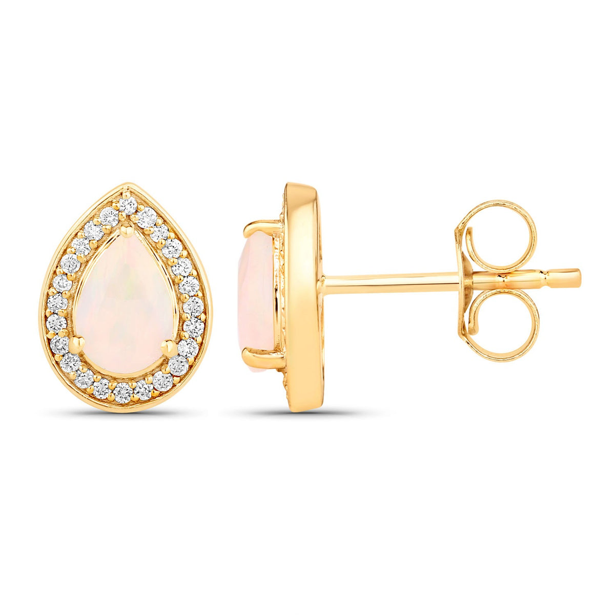 0.64 Cttw Pear White Ethiopian Opal White Diamond 14K Yellow Gold Halo Stud Earrings