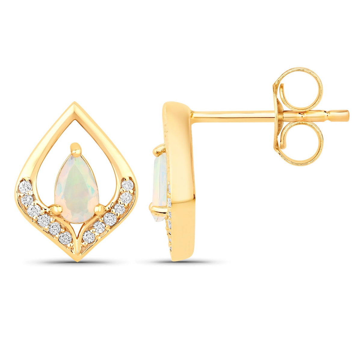0.34 Cttw Pear White Ethiopian Opal White Natural Diamond 14K Yellow Gold Stud Earrings