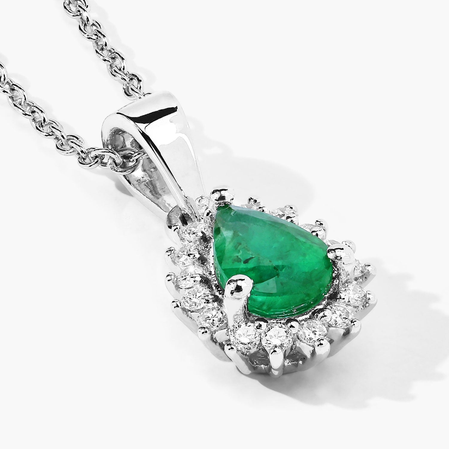 Genuine Zambian Emerald and Lab Grown Diamond 925 Silver Halo Necklace Fine Color Jewels