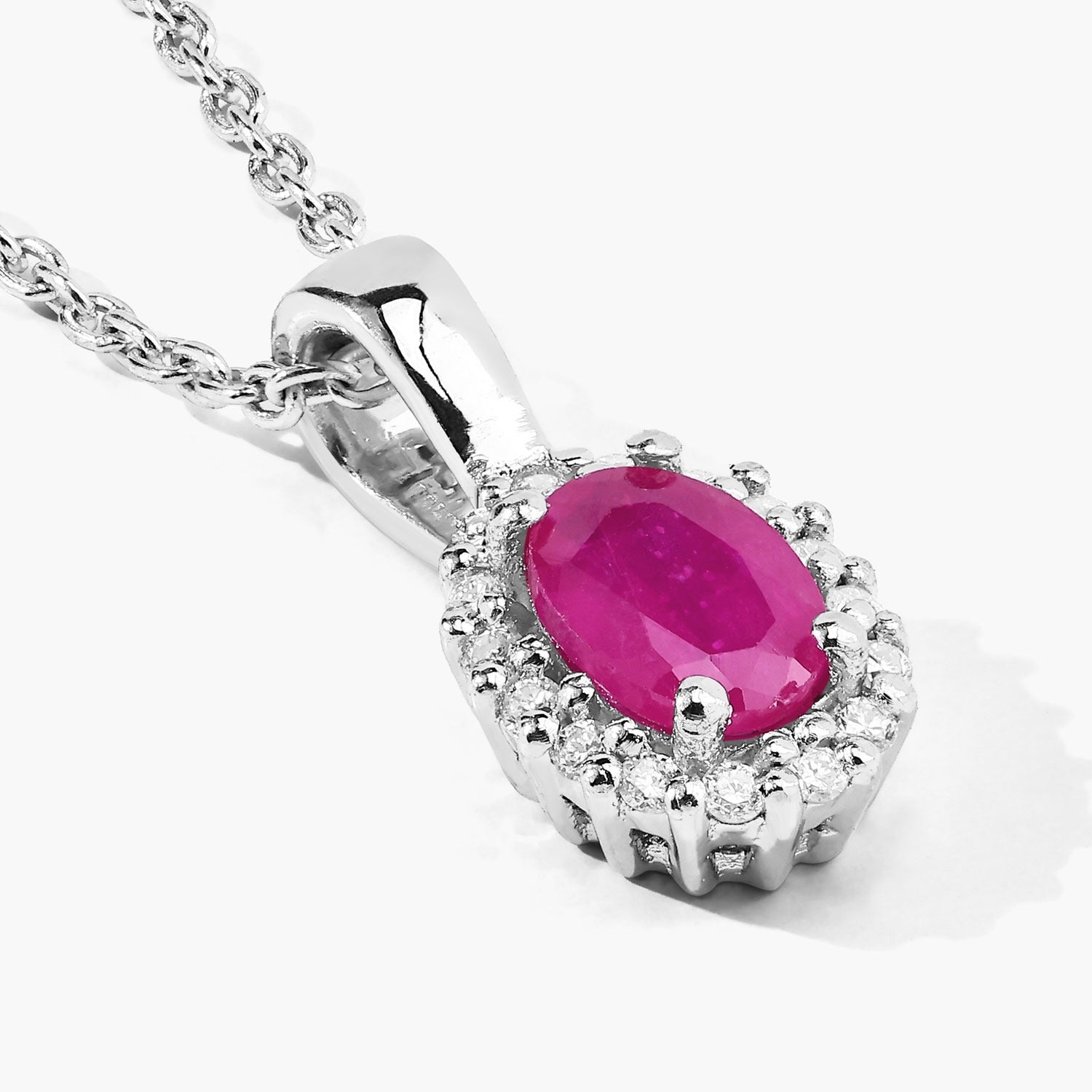 0.62 Ct Genuine Mozambique Ruby and Lab Diamond Silver Halo Necklace