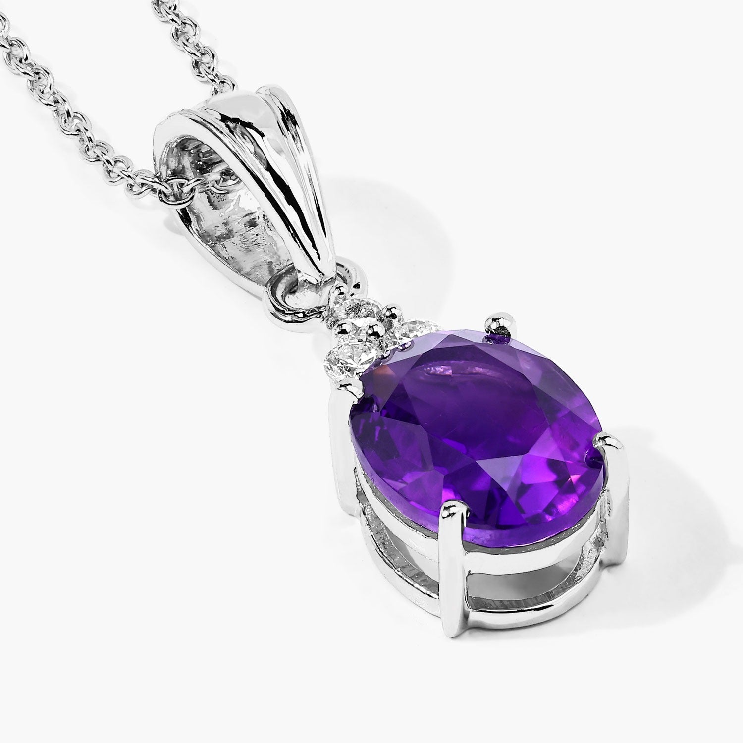 2.32 Ct Genuine Amethyst and Lab Grown Diamond Silver Oval Necklace