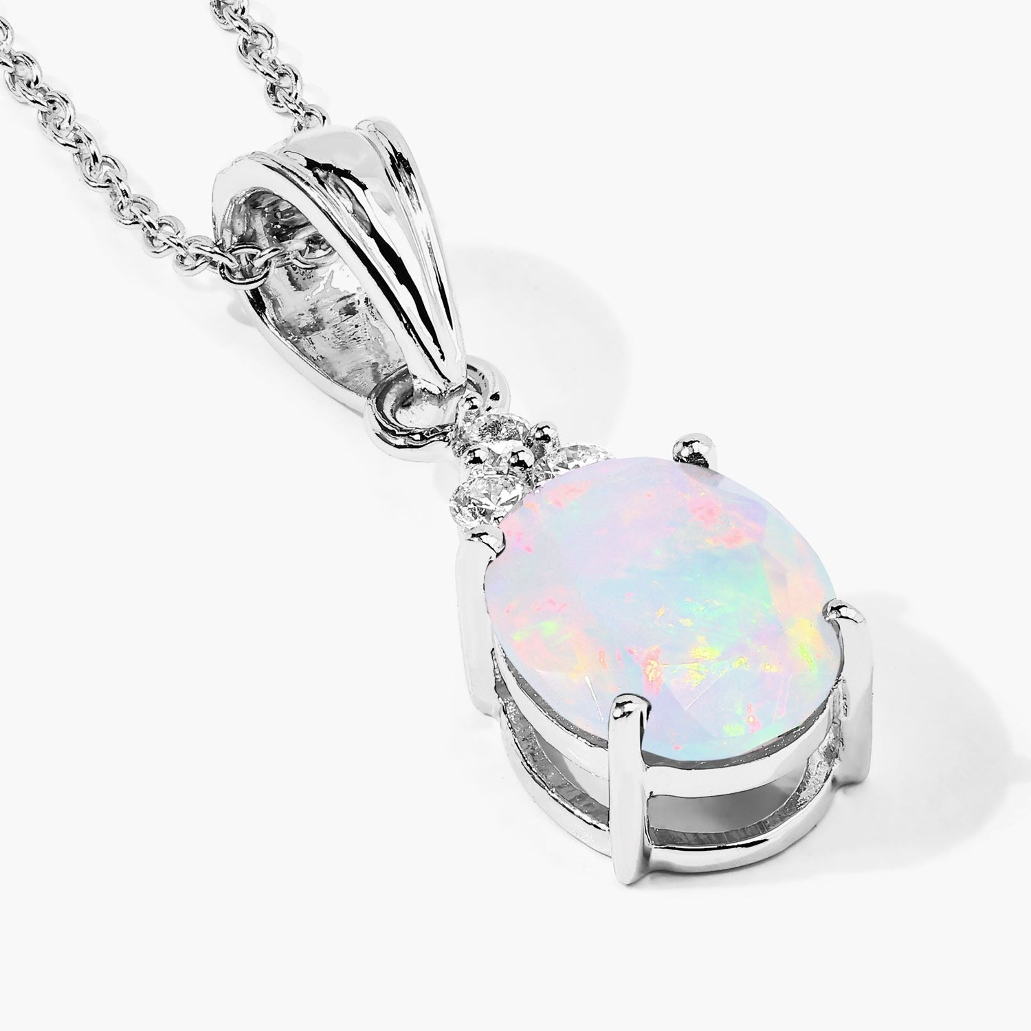 1.68 Ct Genuine Ethiopian Opal and Lab Grown Diamond Silver Necklace