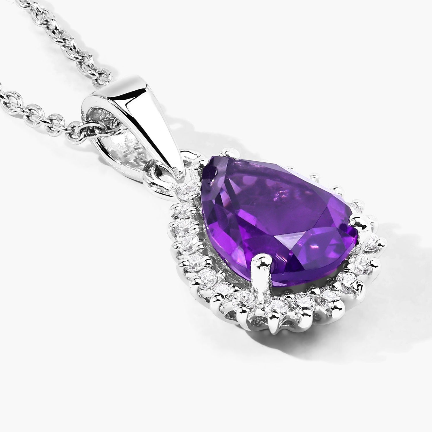 1.57 Ct Genuine Amethyst and Lab Diamond Silver Teardrop Necklace