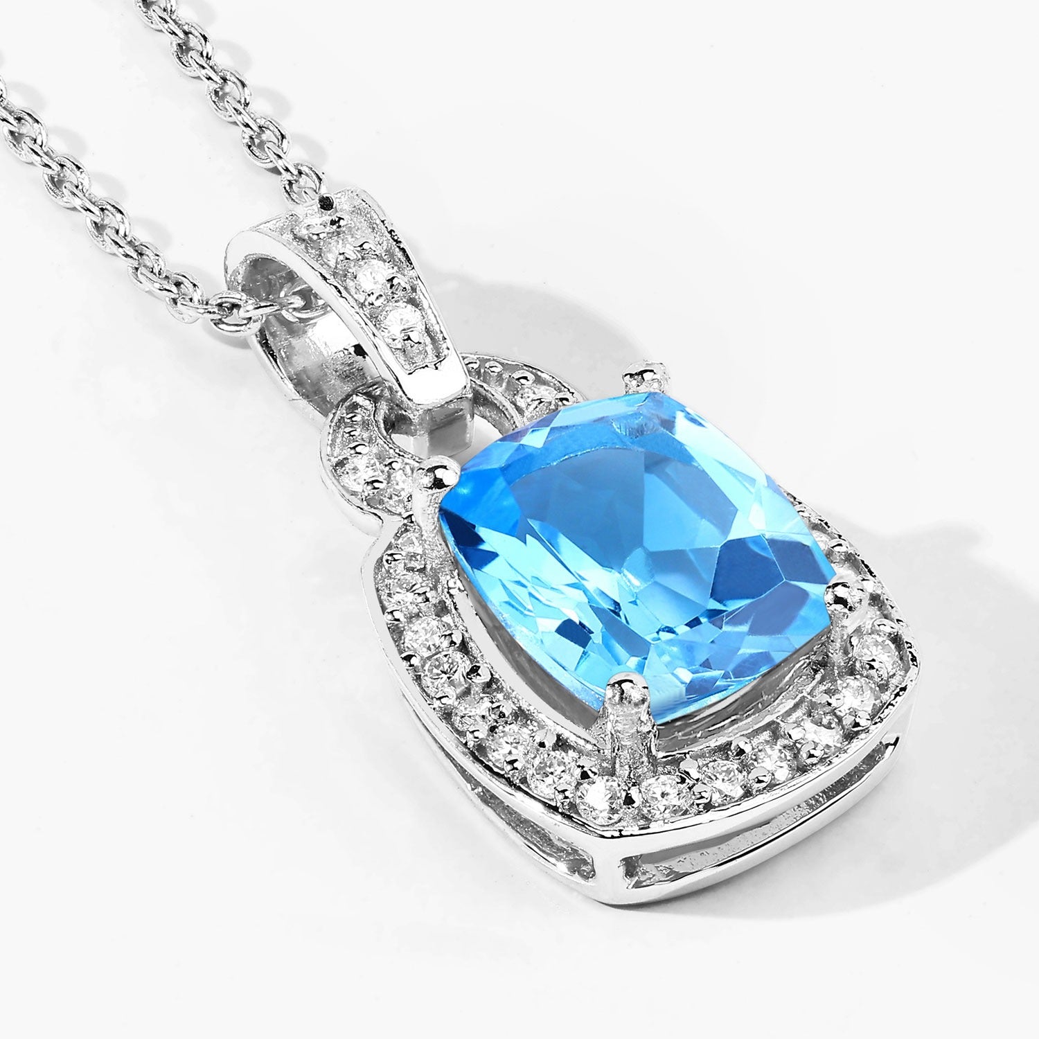 2.88 Ct Genuine Swiss Blue Topaz and Lab Diamond Silver Pendant Necklace
