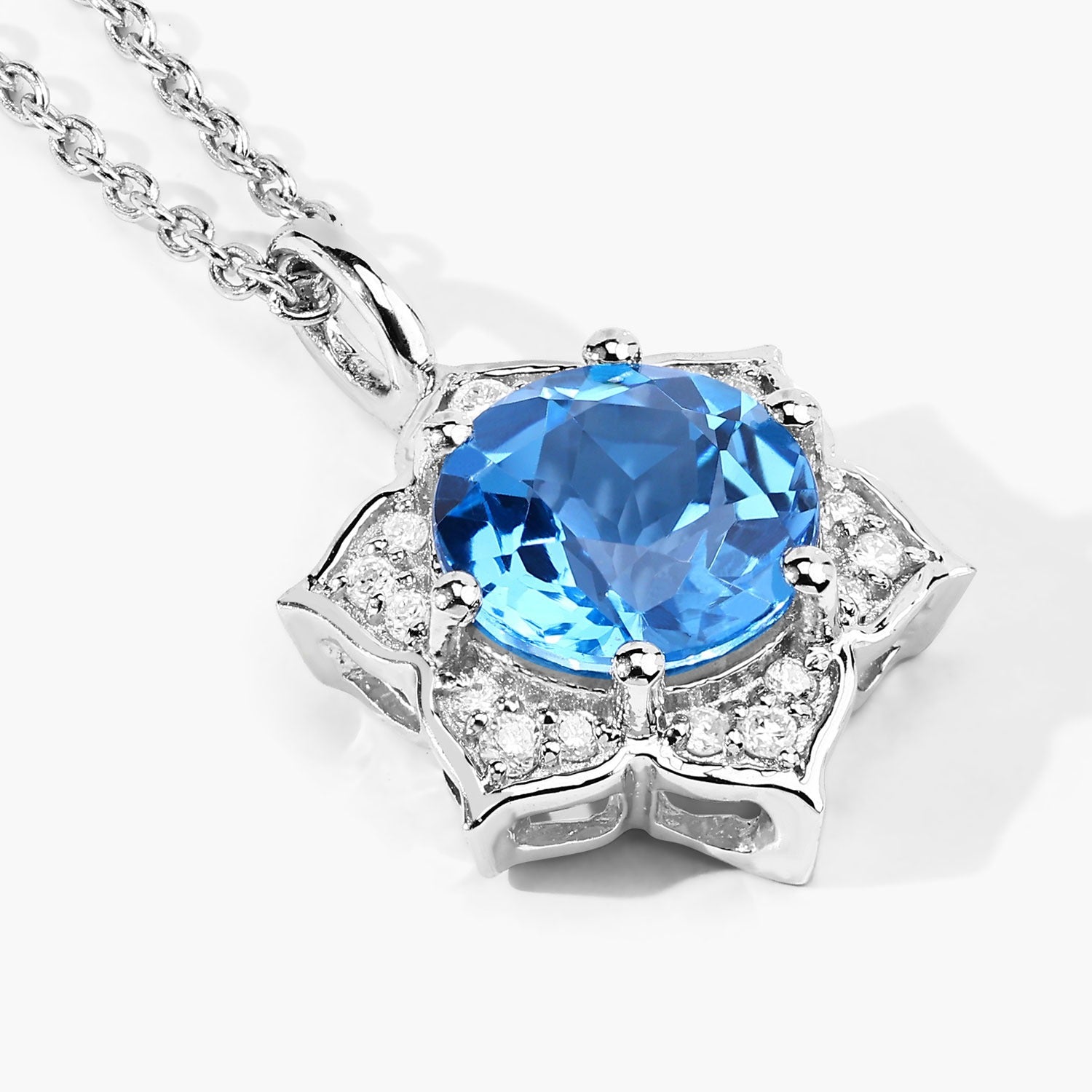 2.38 Ct Genuine Swiss Blue Topaz and Lab Diamond Silver Star Necklace
