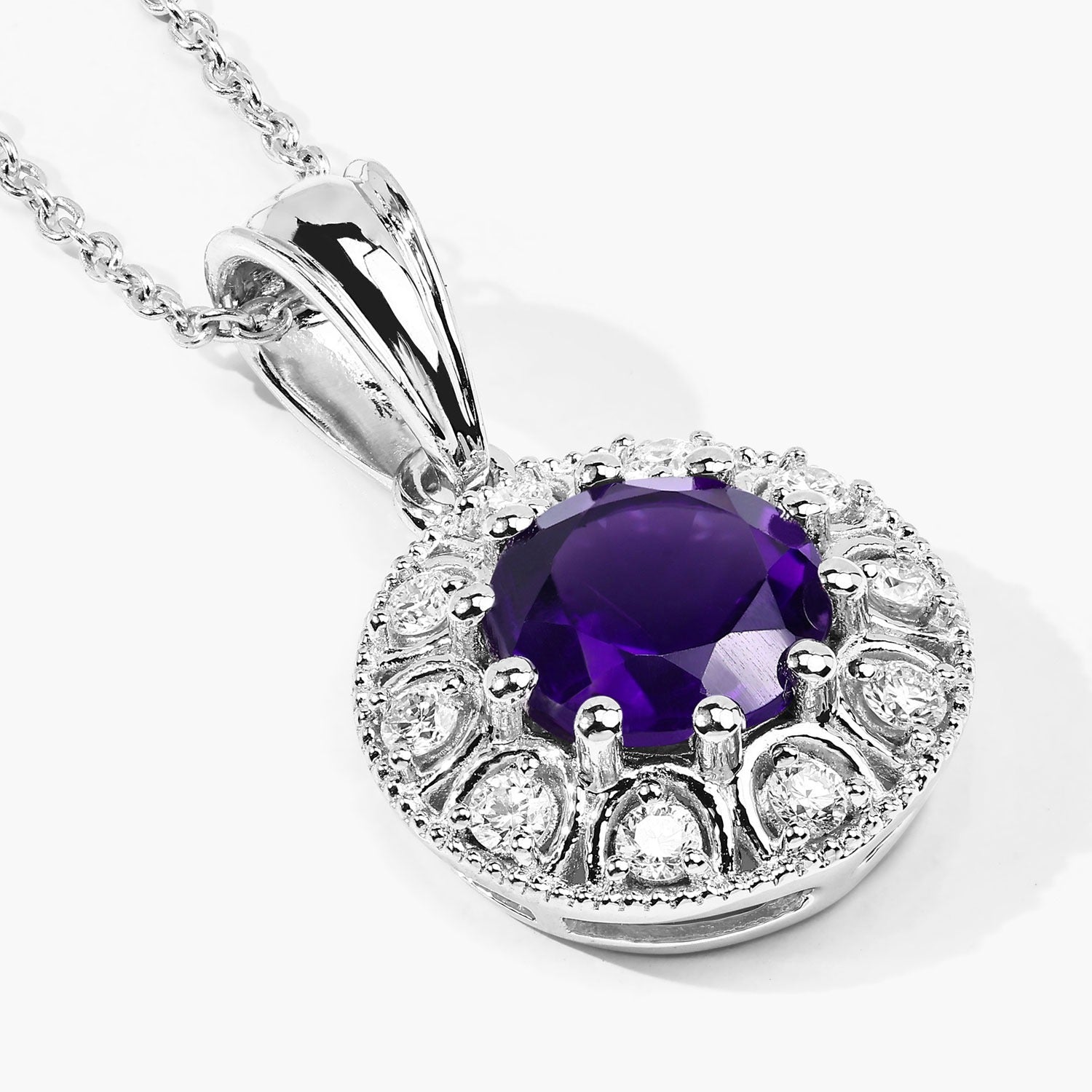 2.15 Ct Genuine Amethyst and Lab Diamond Sterling Silver Halo Necklace