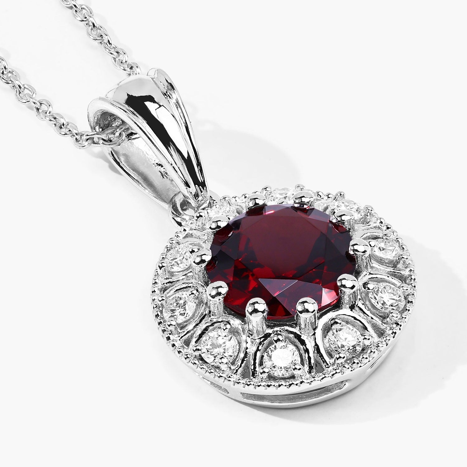 2.60 Ct Genuine Mozambique Garnet and Lab Diamond Silver Halo Necklace