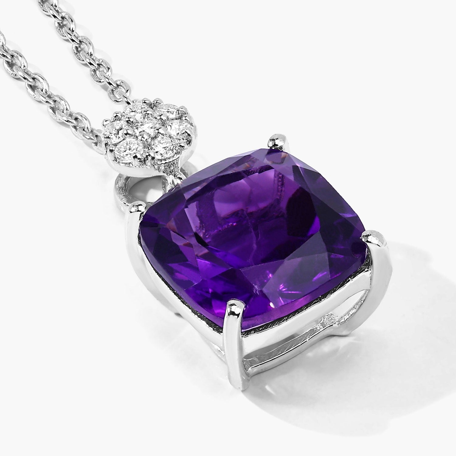 2.67 Ct Genuine Purple  Amethyst and Lab Diamond Silver Cushion Necklace