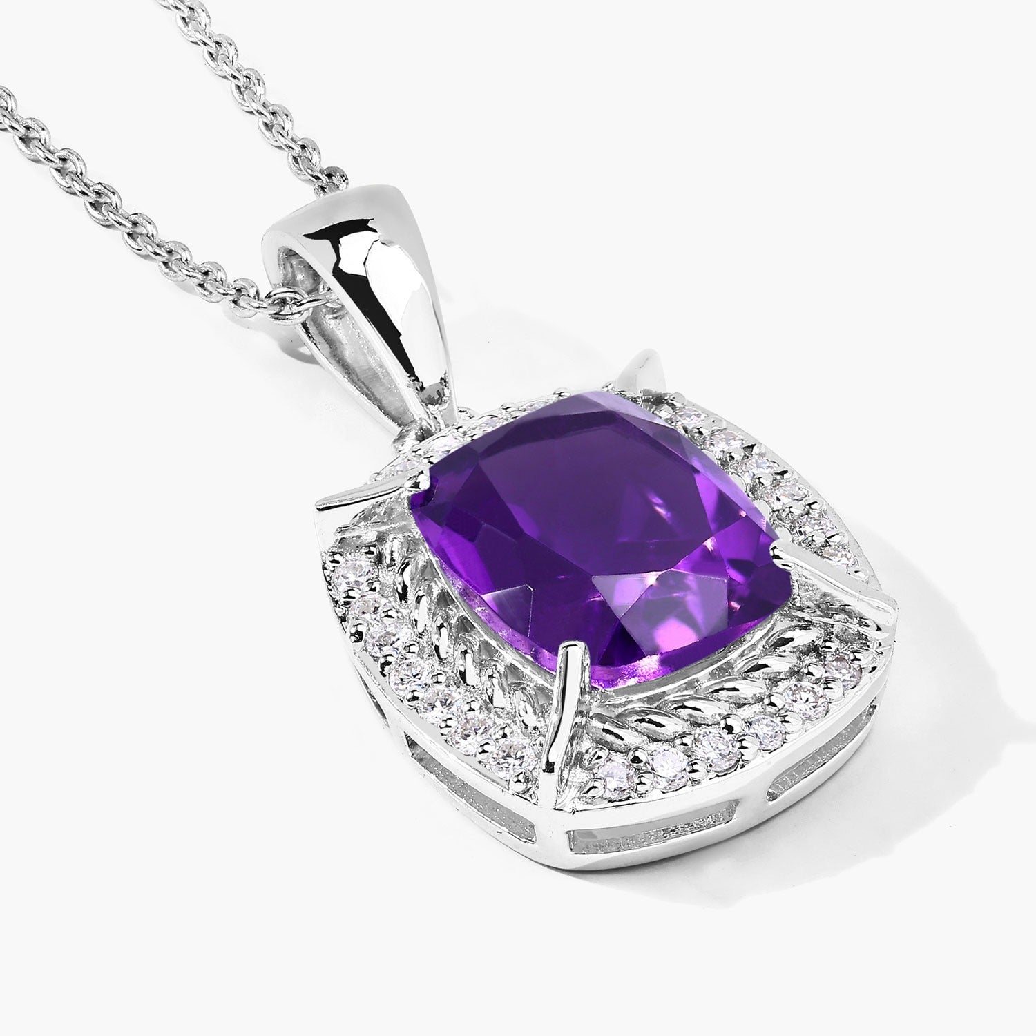 2.86 Ct Genuine Purple Amethyst and Lab Diamond  Silver Halo Necklace