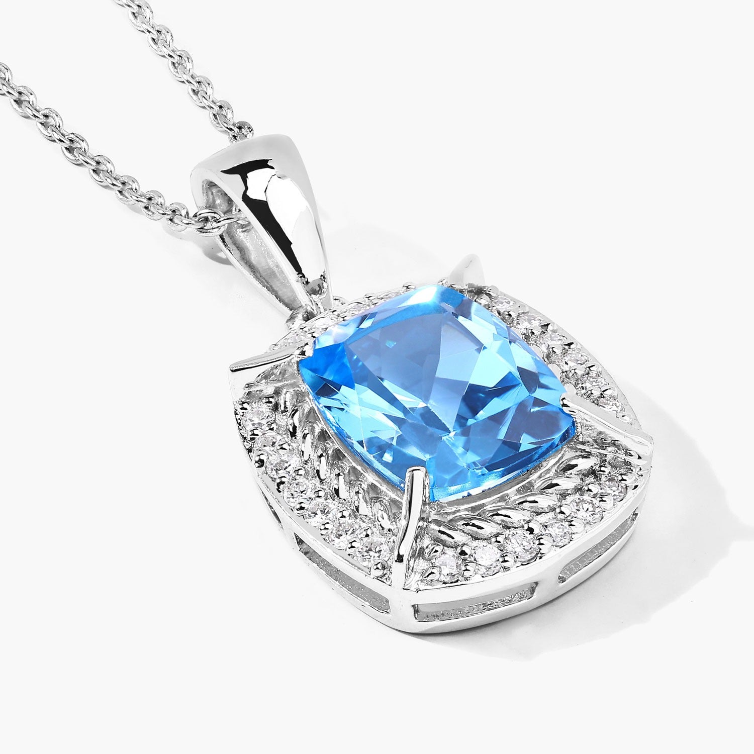 3.76 Ct Genuine Swiss Blue Topaz and Lab Diamond Silver Halo Necklace