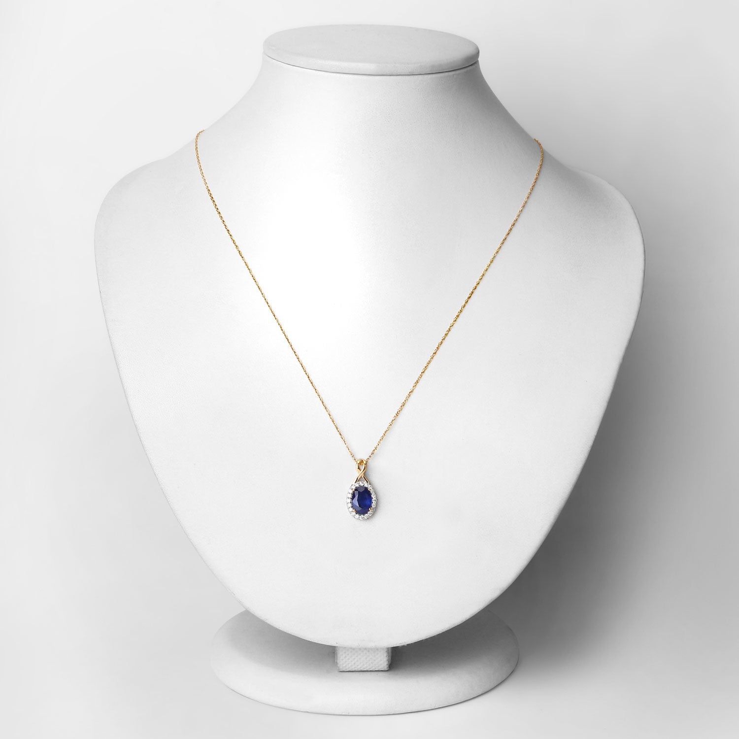 1.88 Ct Genuine Oval Ceylon Blue Sapphire and Diamond 18K Yellow Gold Crossover Pendant