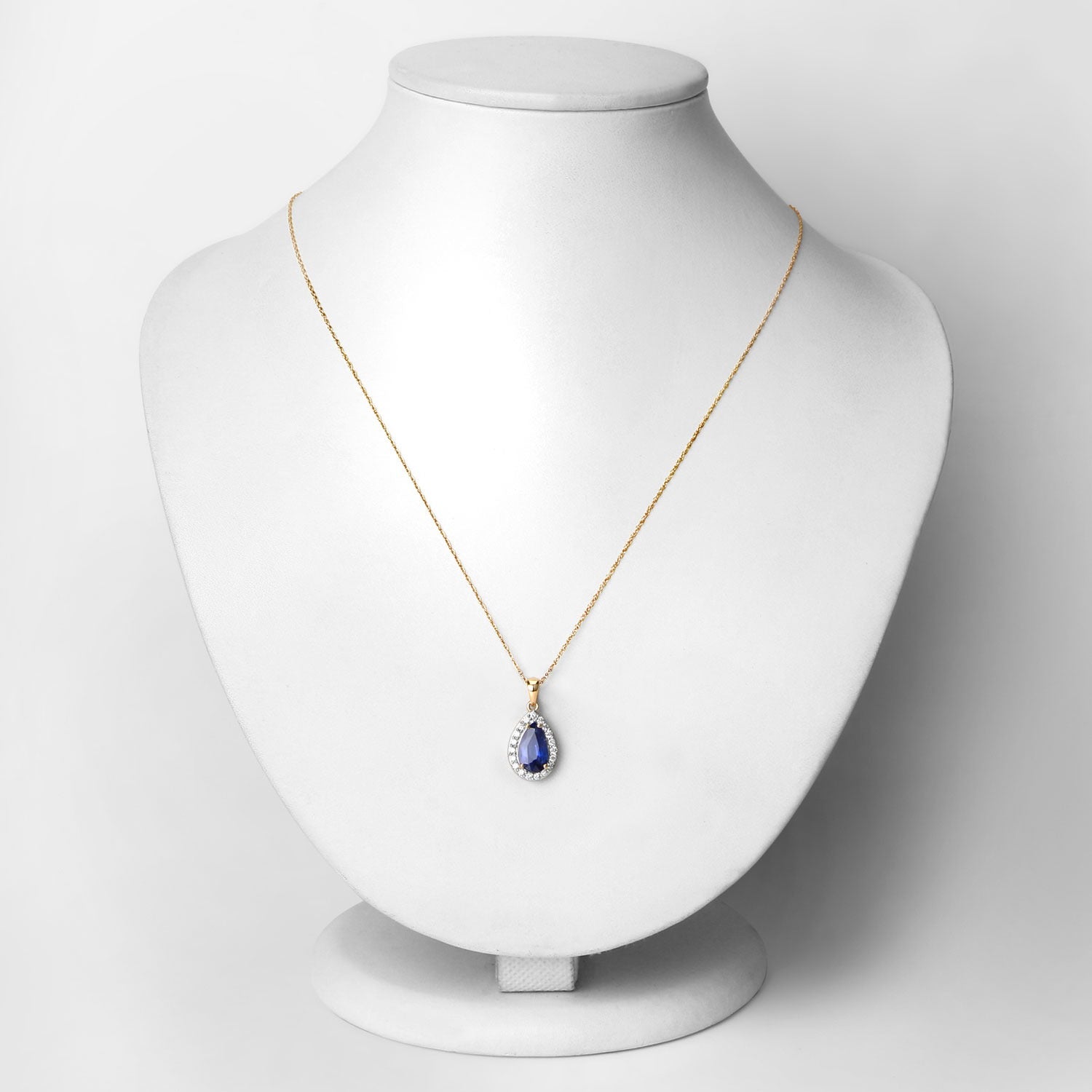 1.88 Ct Genuine Oval Ceylon Blue Sapphire and Diamond 18K Yellow Gold Teardrop Pendant