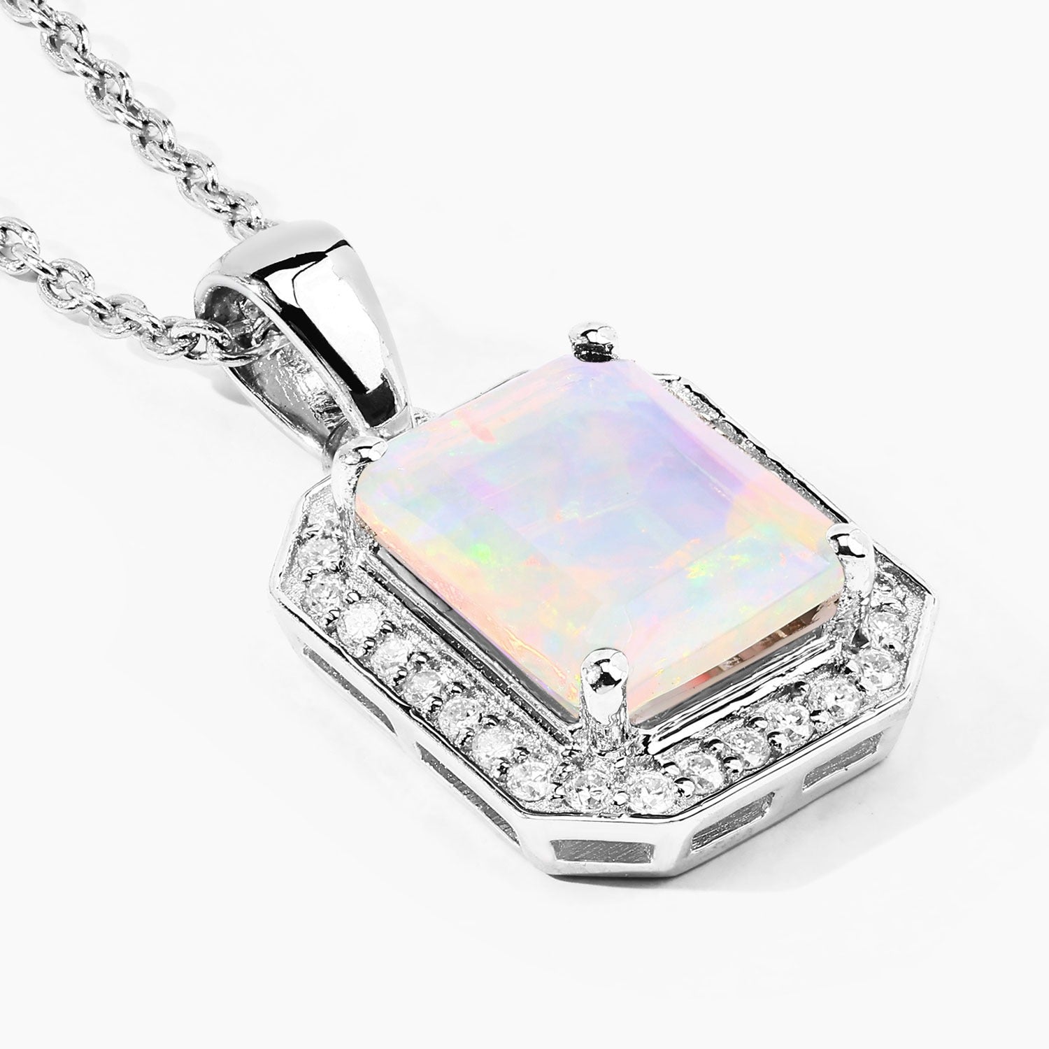 1.39 Ct Genuine Ethiopian Opal and Lab Diamond Silver Halo Necklace