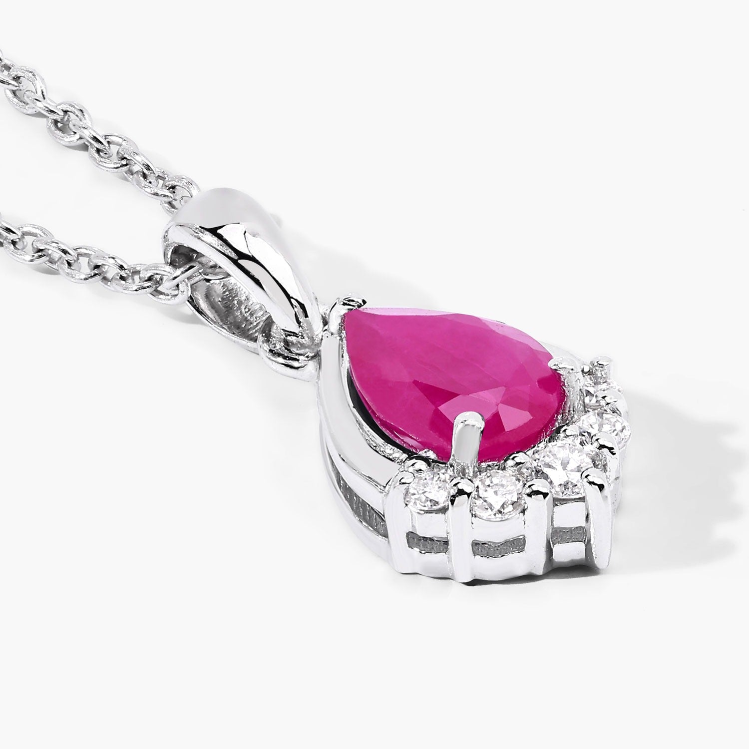 0.90 Ct Genuine Pear Shaped Mozambique Ruby and Lab Grown Diamond Silver Necklace