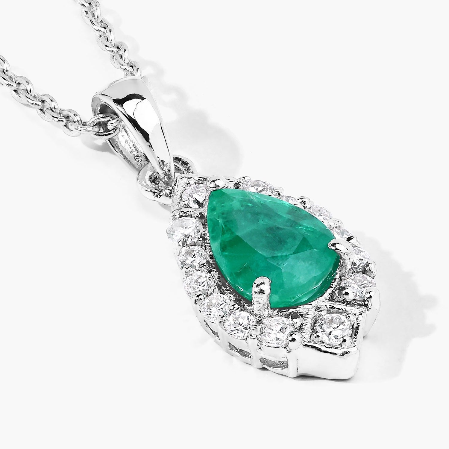 0.82 Ct Genuine Zambian Emerald and Lab Diamond Silver Teardrop Necklace