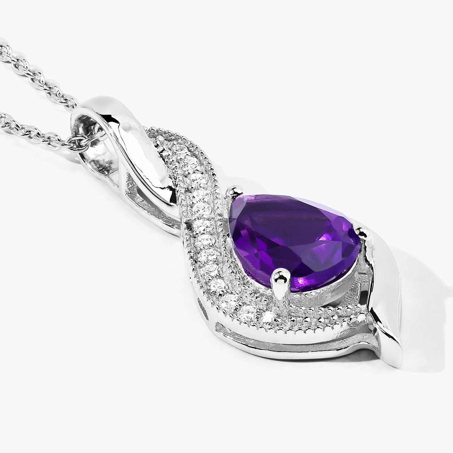 1.52 Ct Genuine Amethyst and Lab Diamond Silver Teardrop Necklace