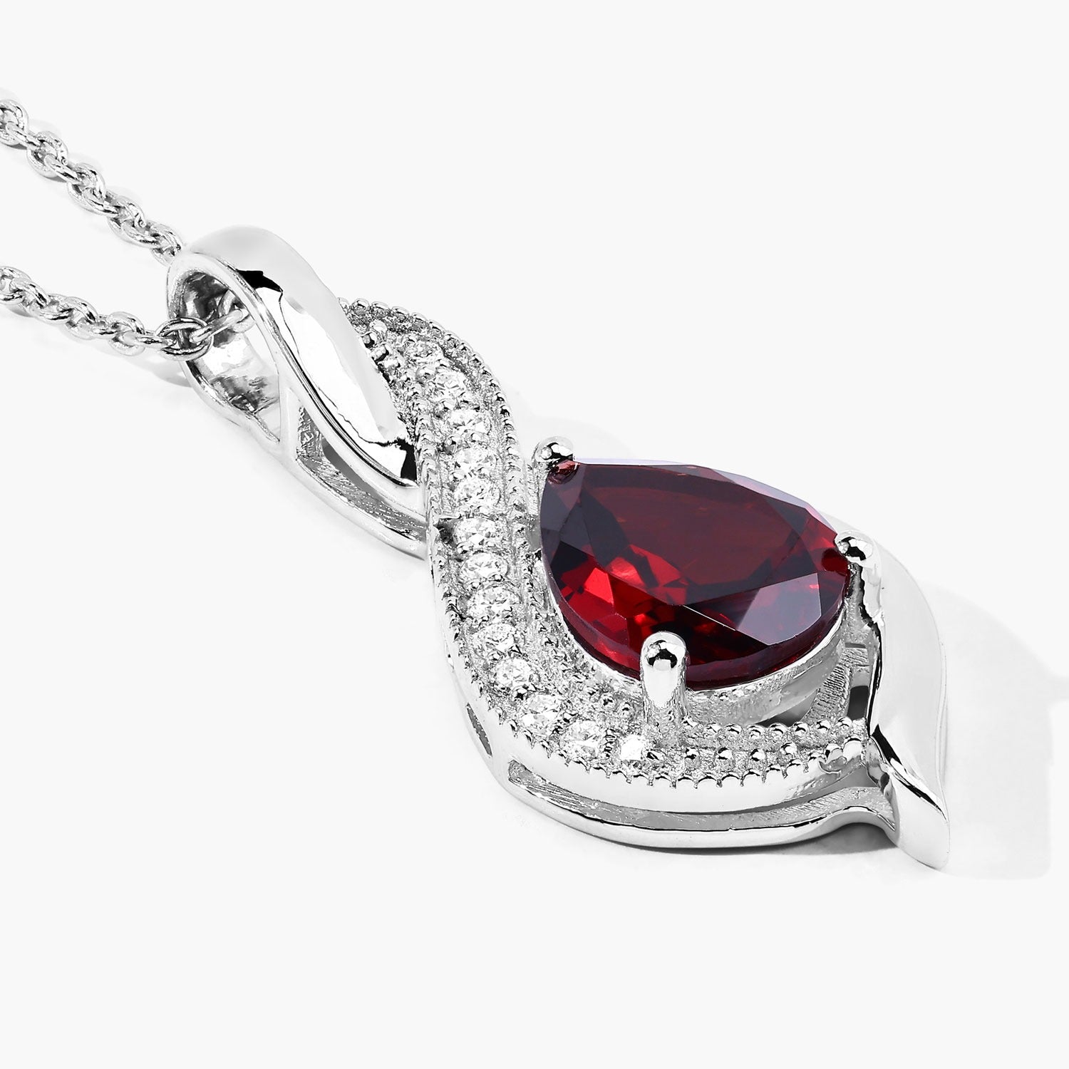 1.92 Ct Genuine Mozambique Garnet and Lab Diamond Silver Teardrop Necklace