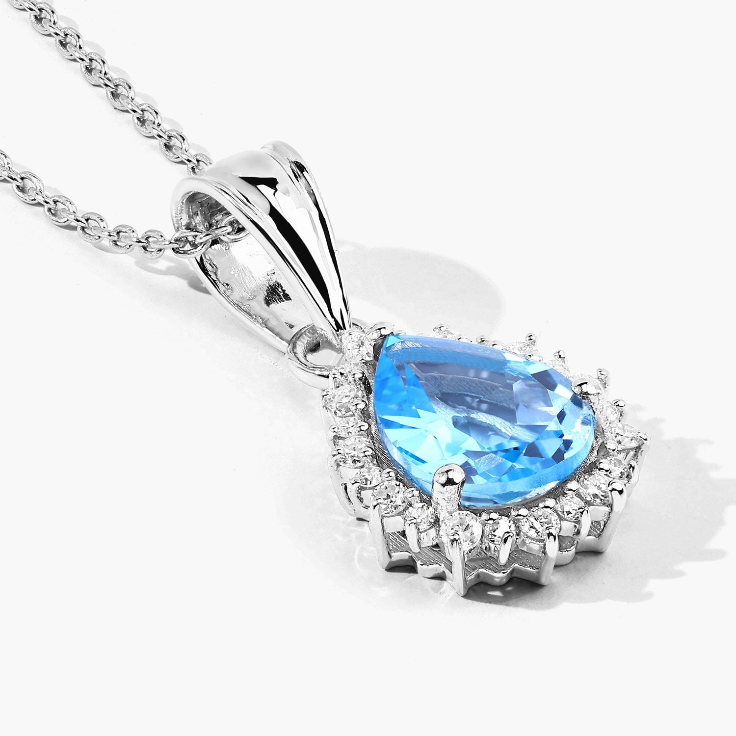 2.85 Ct Genuine Swiss Blue Topaz and Lab Diamond Silver Halo Necklace