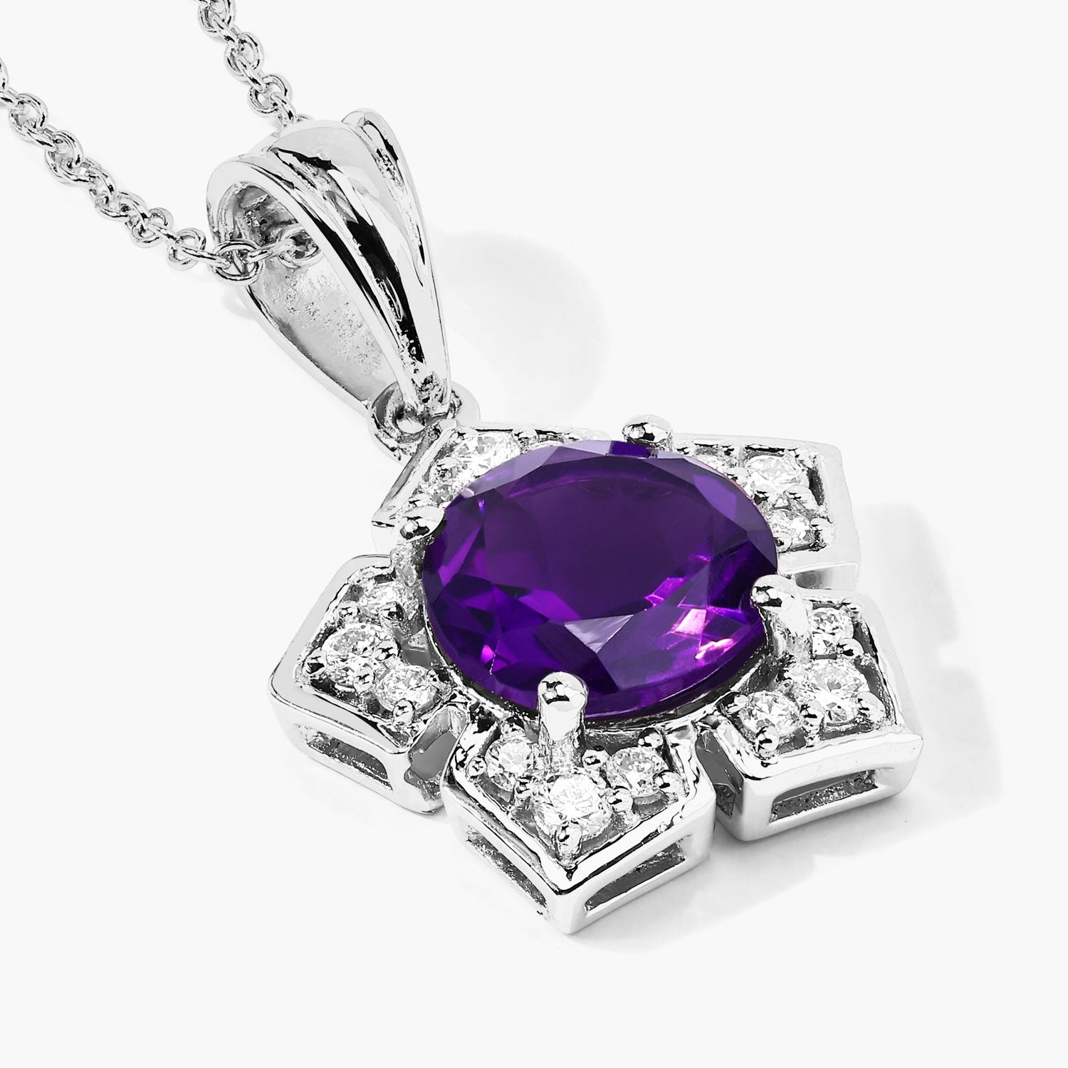 2.73 Ct Genuine Amethyst and Lab Diamond Silver Floral Necklace