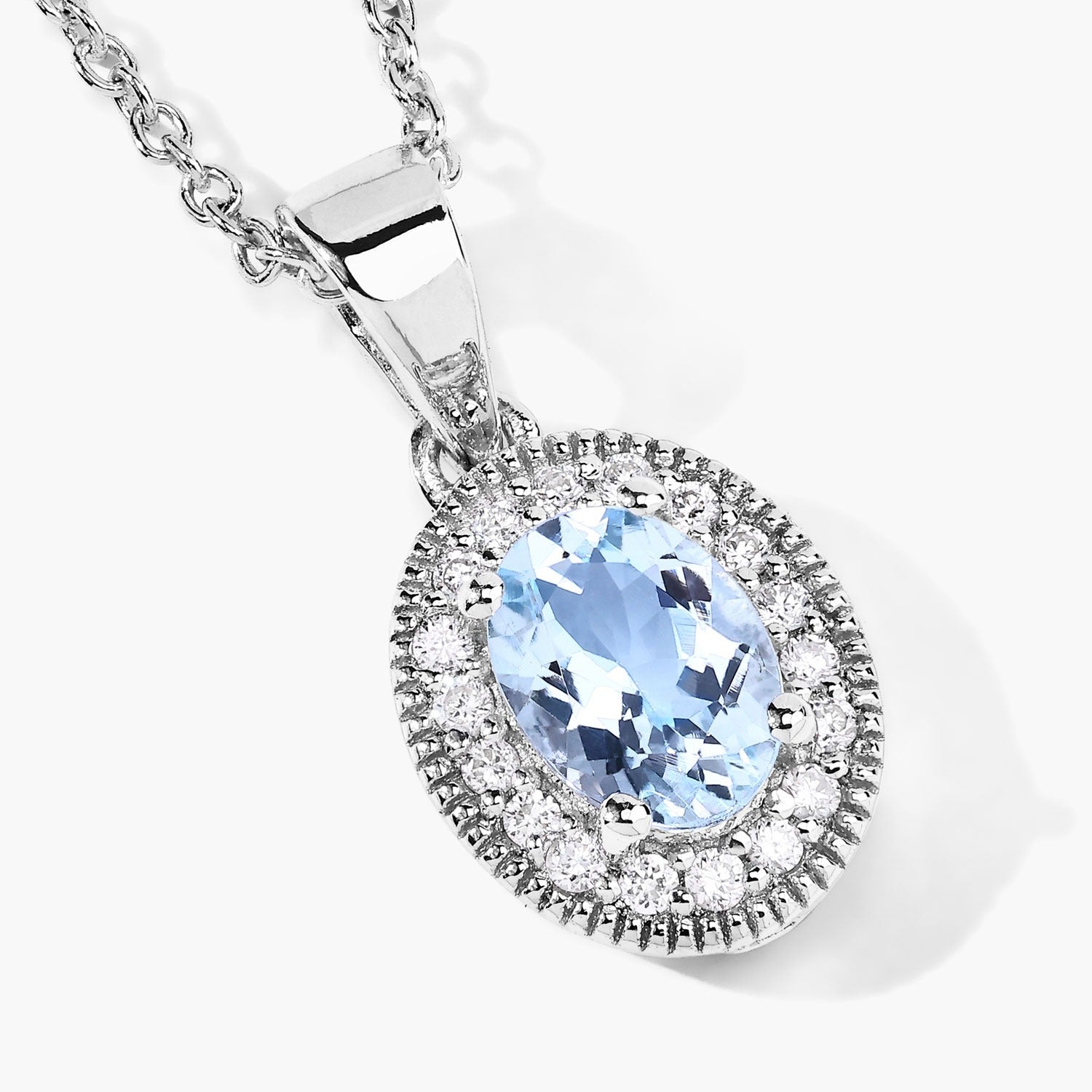0.74 Ct Genuine Oval Aquamarine and Lab Diamond Silver Halo Necklace