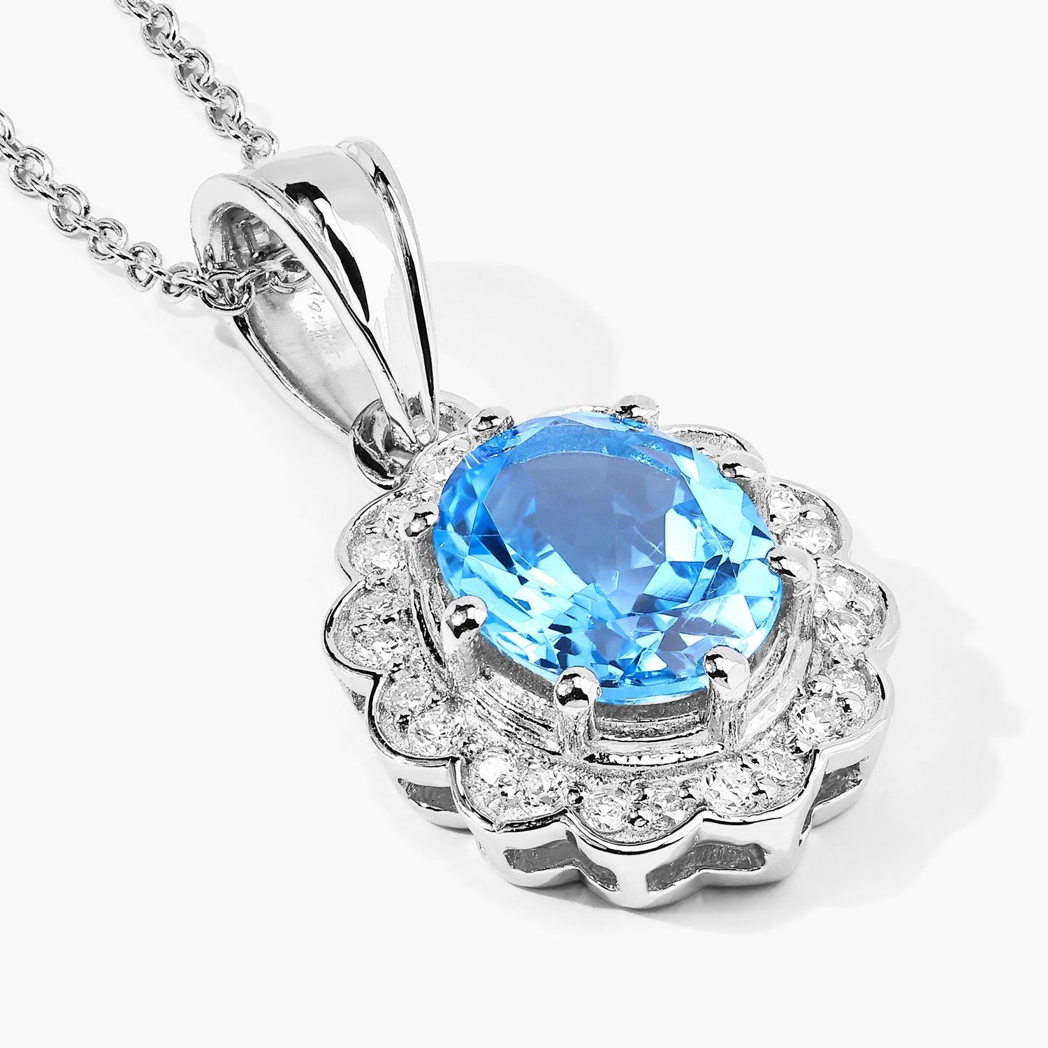 2.79 Ct Genuine Oval Swiss Blue Topaz and Lab Diamond Silver Halo Necklace