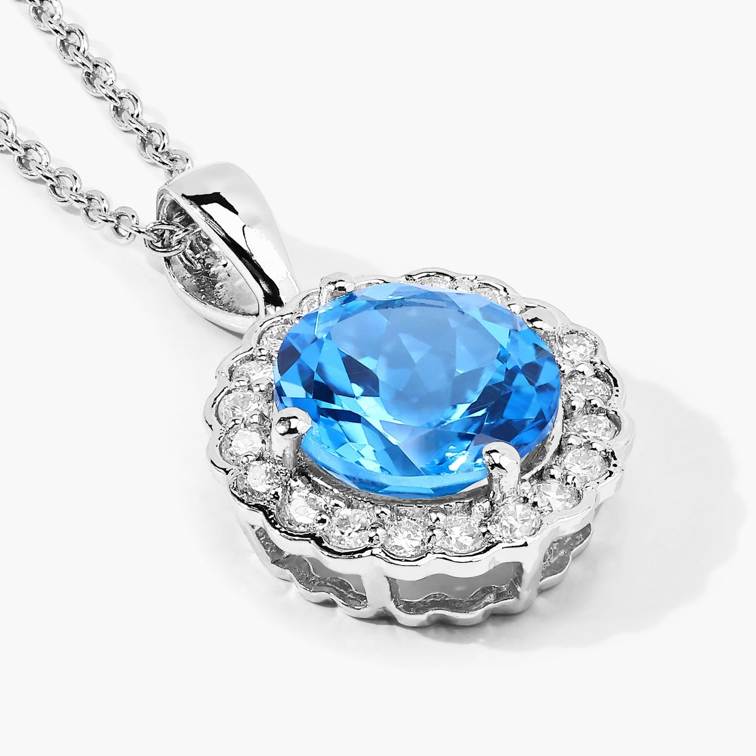 4.05 Ct Genuine Swiss Blue Topaz and Lab Diamond Silver Halo Necklace