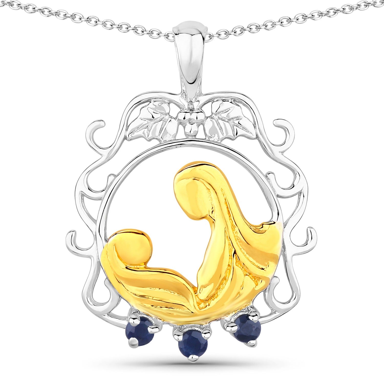 Round Blue Sapphire Prong Silver Pendant Necklace
