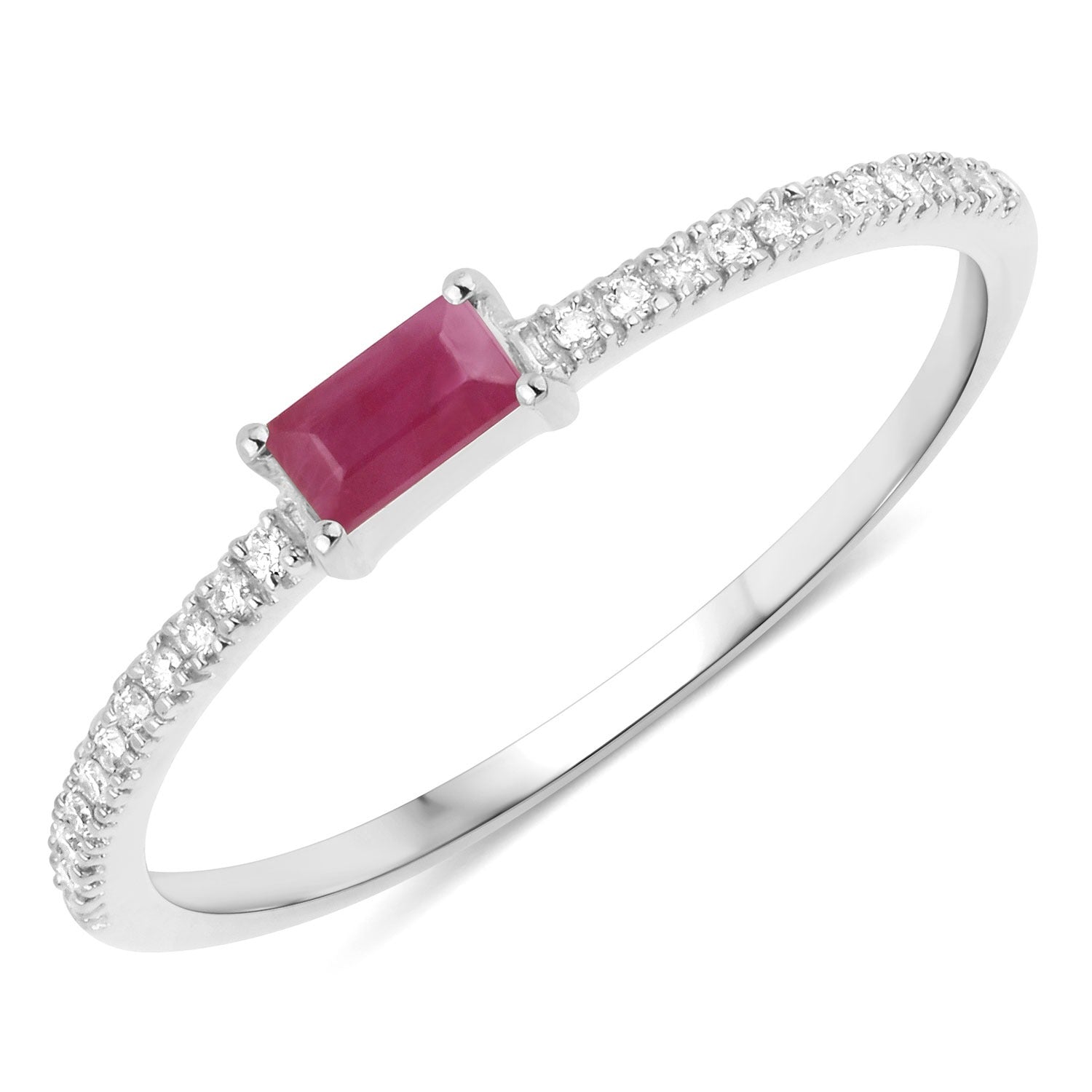 0.22 Ct Baguette Cut Pink Ruby and White Diamond Prong 14K White Gold Bridge Stackable Pave Ring
