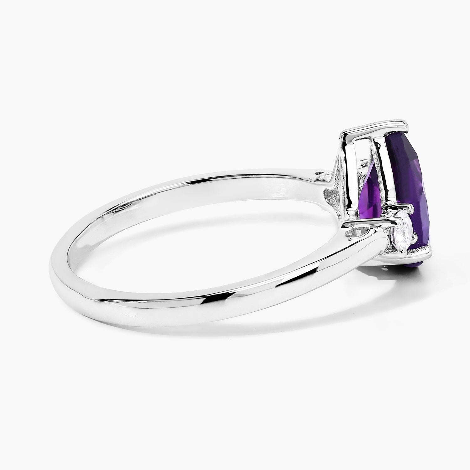 1.27 Carat Genuine Pear Shaped Purple Amethyst and Lab Diamond Silver 3 Stone Ring Fine Color Jewels