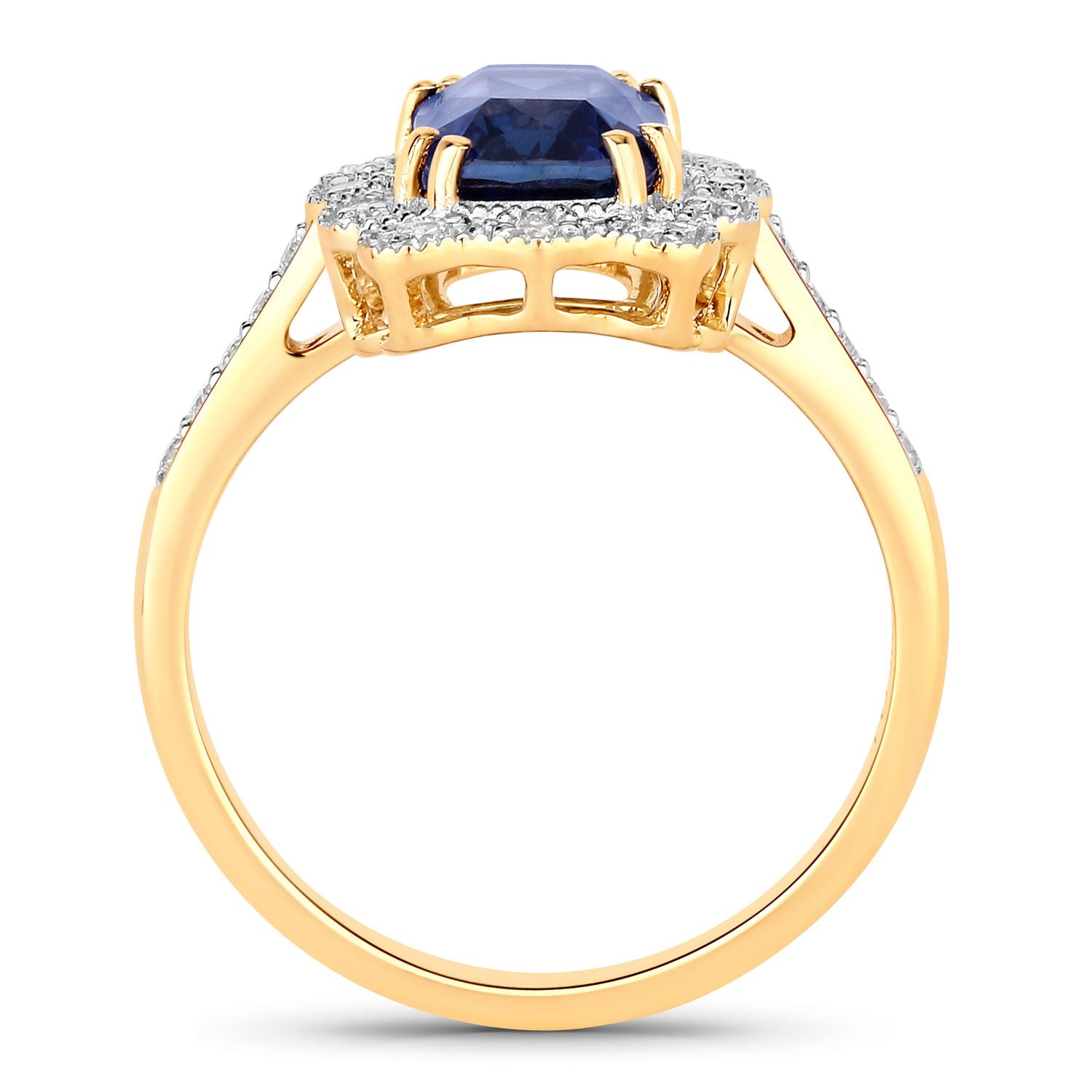 3.21 Ct Cushion Ceylon Blue Sapphire and White Diamond Prong 18K Gold Halo Statement Ring